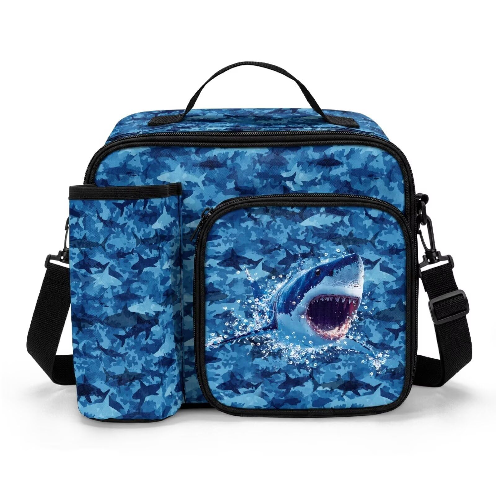 Sac isotherme repas enfant avec poche bouteille anti fuite bleu requin