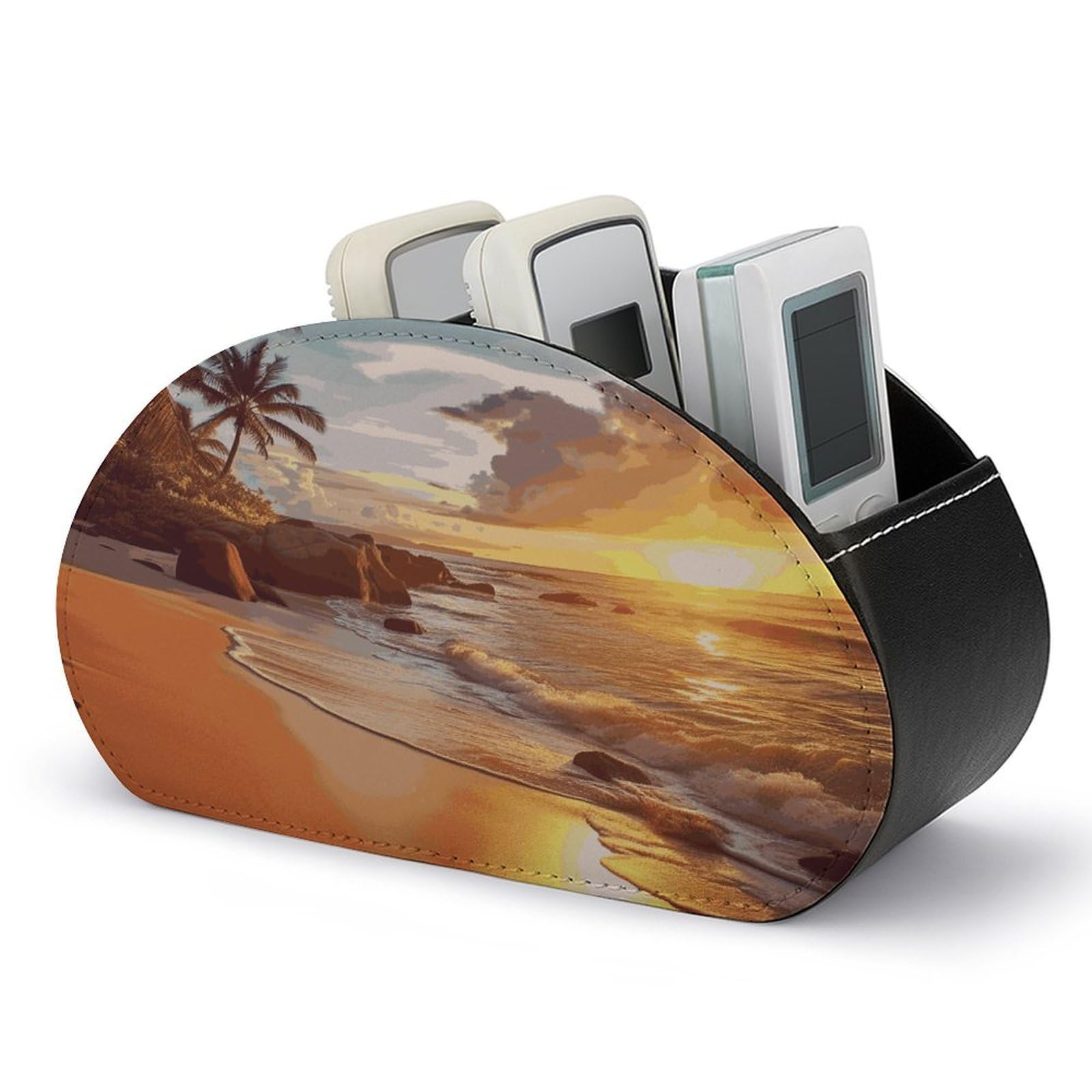 FekiLoot Tropical Beach at Sunset Remote Control Holder, PU Leather Remote Control Organizer Box Stationery Remote Control Box Desk Storage Organizer for DVDs,Glasses,Pens,Media Players