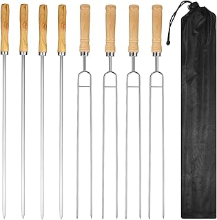HEMOTON 8 Pçs Espetos De Churrasco E Marshmallow Assar Varas Cabo De Madeira Aço Inoxidável Assar Varas De Carne Garfo De Cachorro-Quente Com Saco De Cordão Para Fogueira De Acampamento