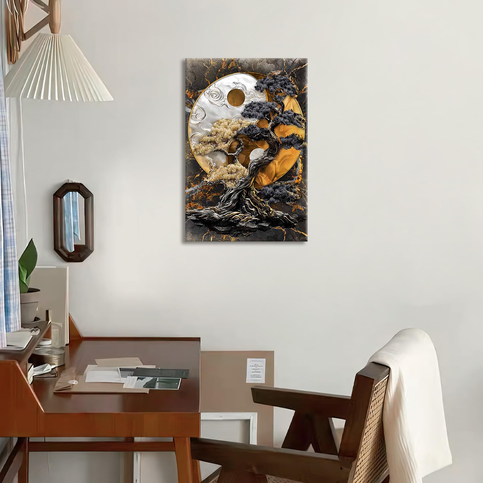 Wooden Framed Canvas Wall Art Qian Kun Yin Yang Tree Painting on Canvas Prints Poster Black Brown Silver Marble Cameo Pictures for Living Room Bedroom Home Office Hallway Corridor Wall Decor 40x60cm - Image 4