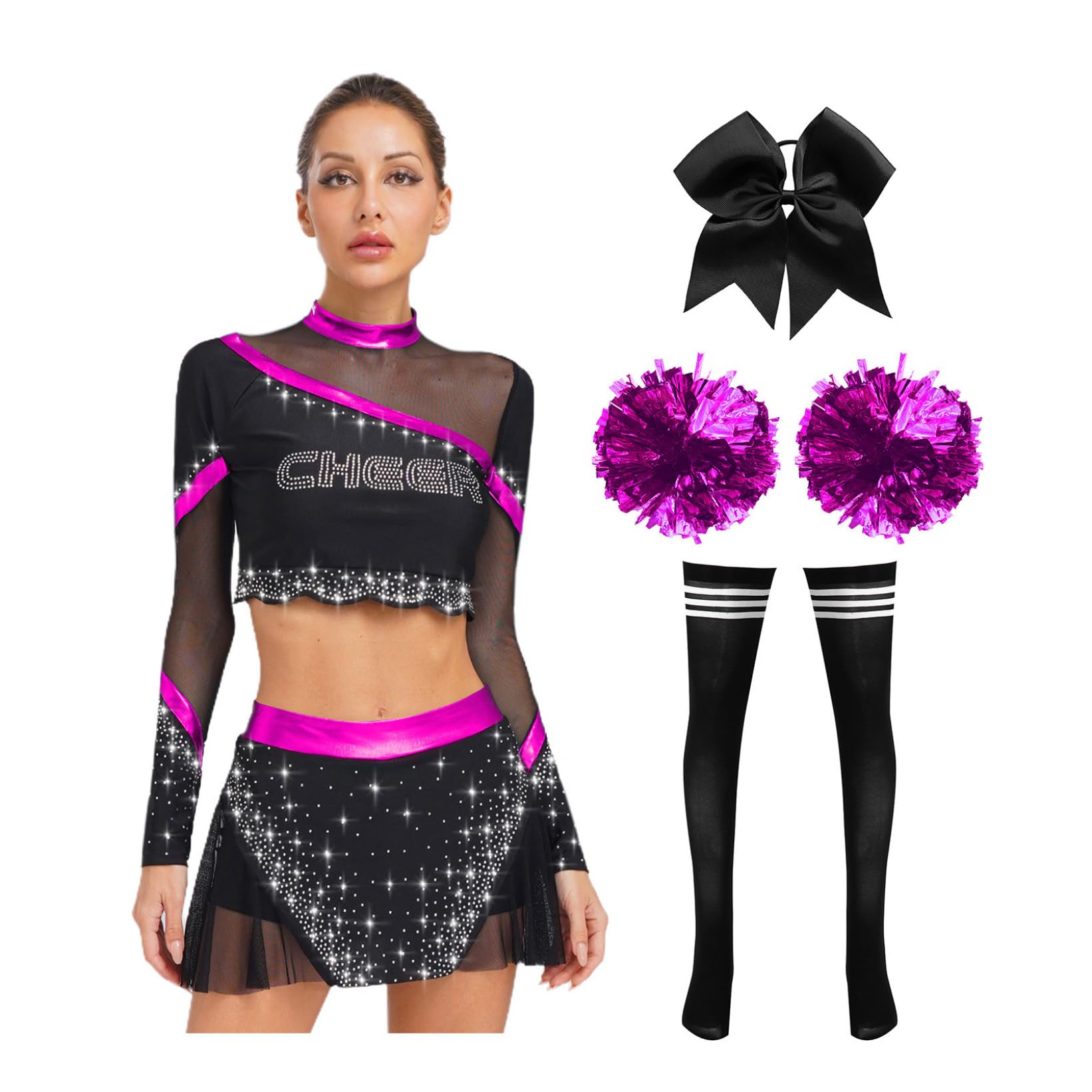 Erwachsene Cheerleading Anzüge Glänzende Rhinestones Teil Set Cheerleading Uniform Langrohr Strumpf Set Tanz
