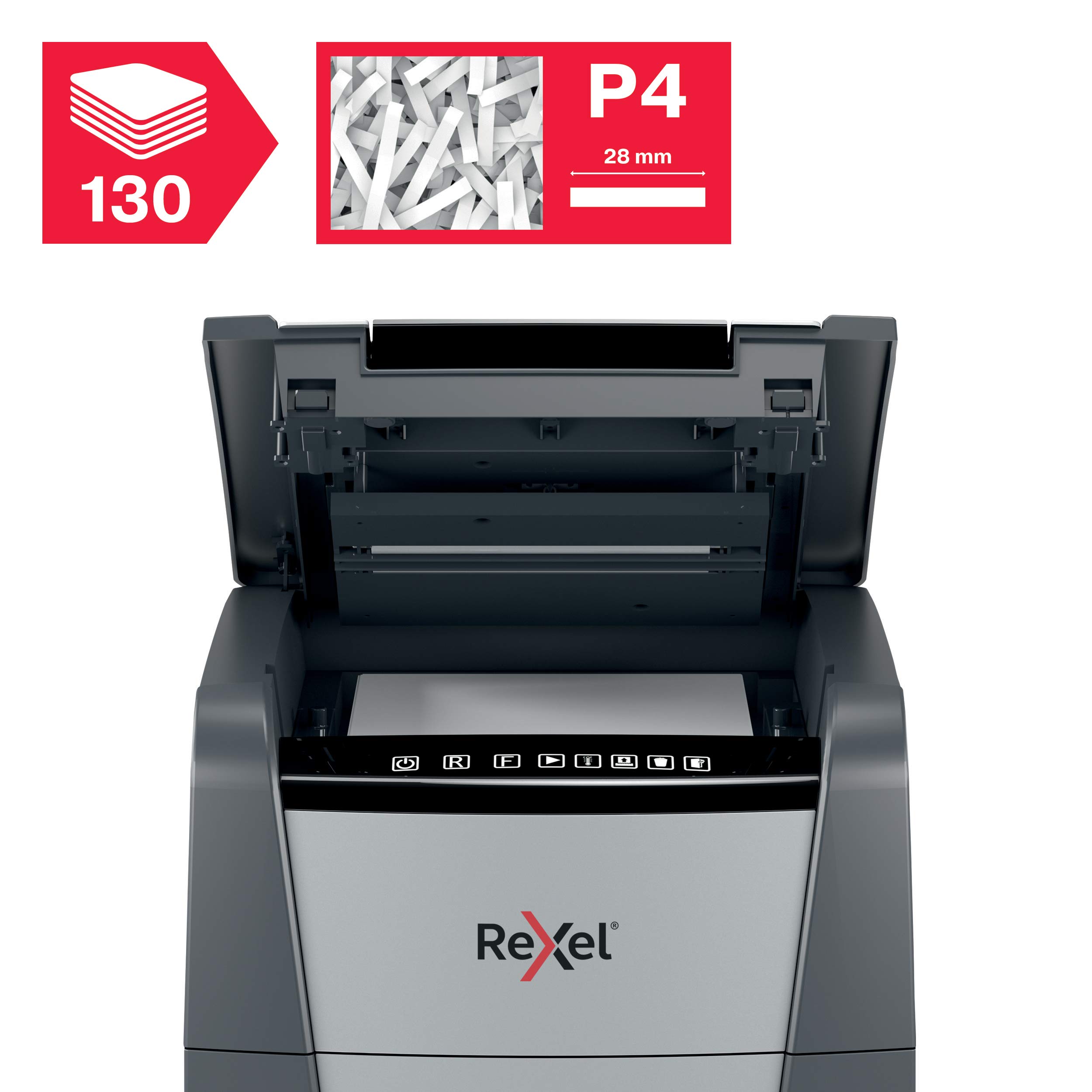 REXEL Optimum Auto Feed+ 130X, Distruggidocumenti Automatico, 130-150 Fogli (80-70 gr/mq), Taglio a Frammento, Livello di Sicurezza P-4, per Piccoli Uffici, Capacità 44 Litri, 2020130XEU