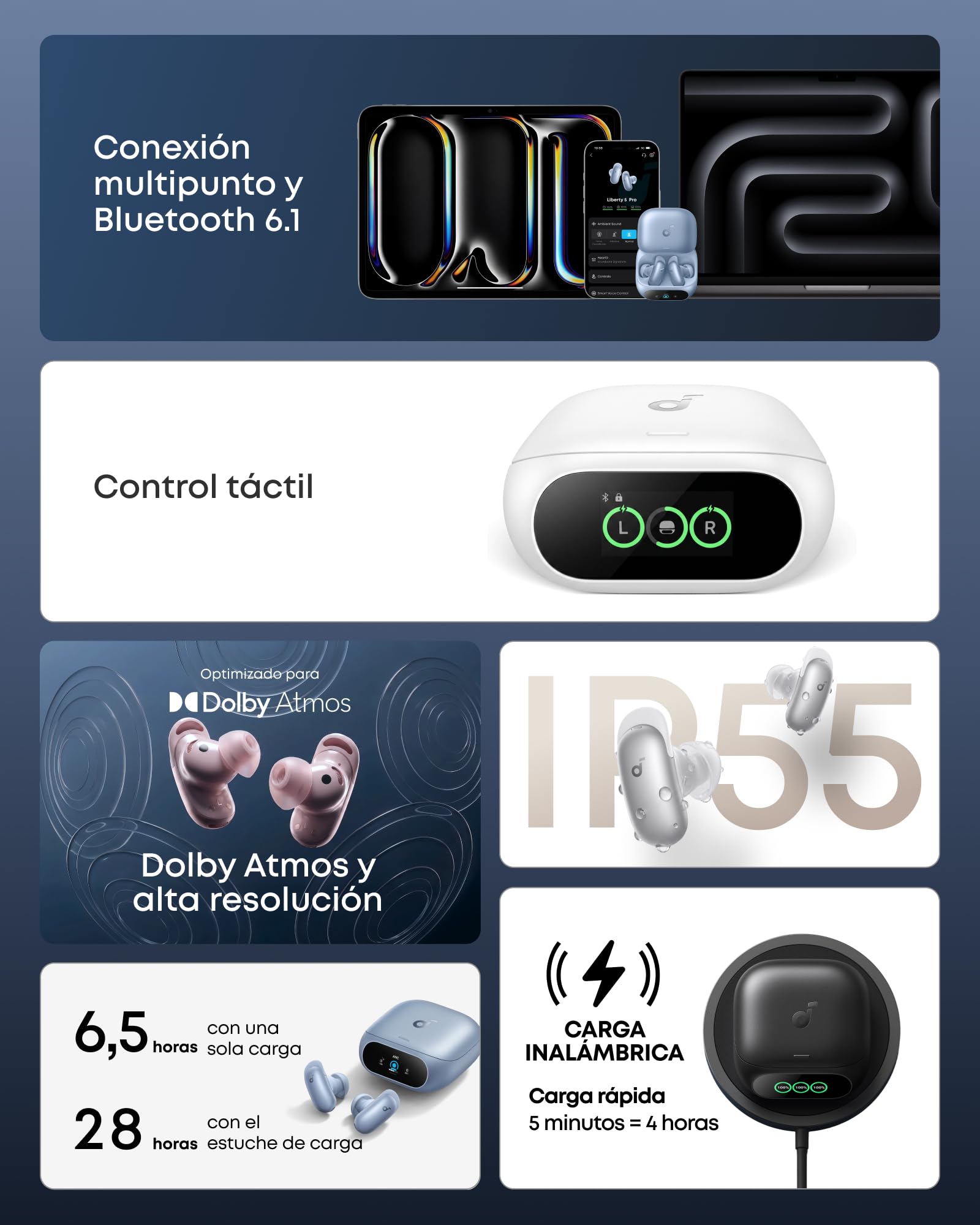 Soundcore Liberty 5 Pro,Auriculares inalambricos Bluetooth con Chip IA,Llamadas nítidas certificadas por los Récords Mundiales Guinness,cancelacion Ruido adaptiva,Hi-Res,traductor en Tiempo