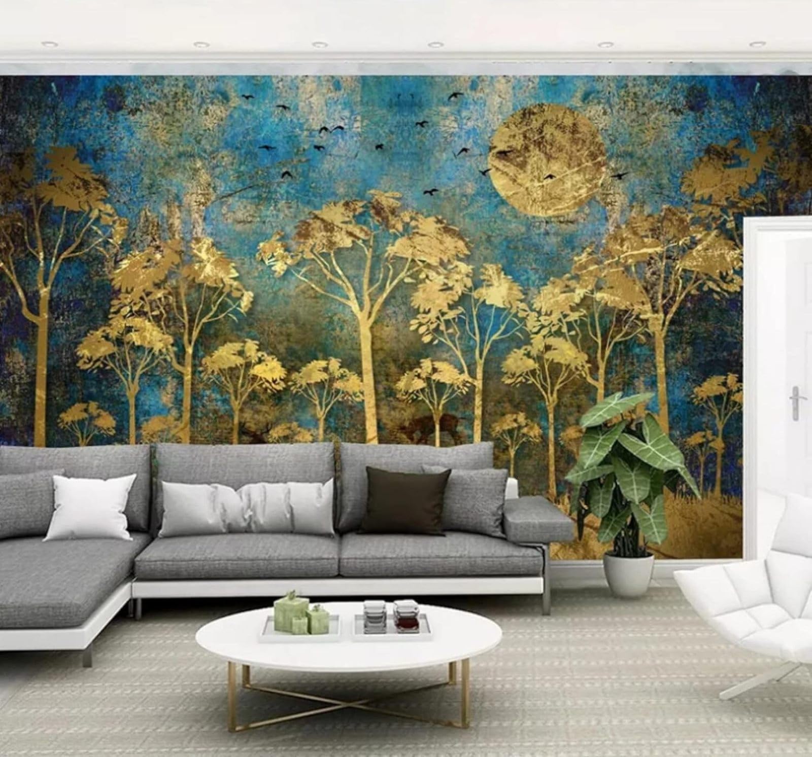 Wallpaper-3D-Xlm 300Cm×210Cm(B×H) Abstract Gold Forest Birds Reindeer 3D Wallpaper Easy Install Feature Office Living Room Sofa Bedroom Tv Background Wall Decoration-300Cm×210Cm