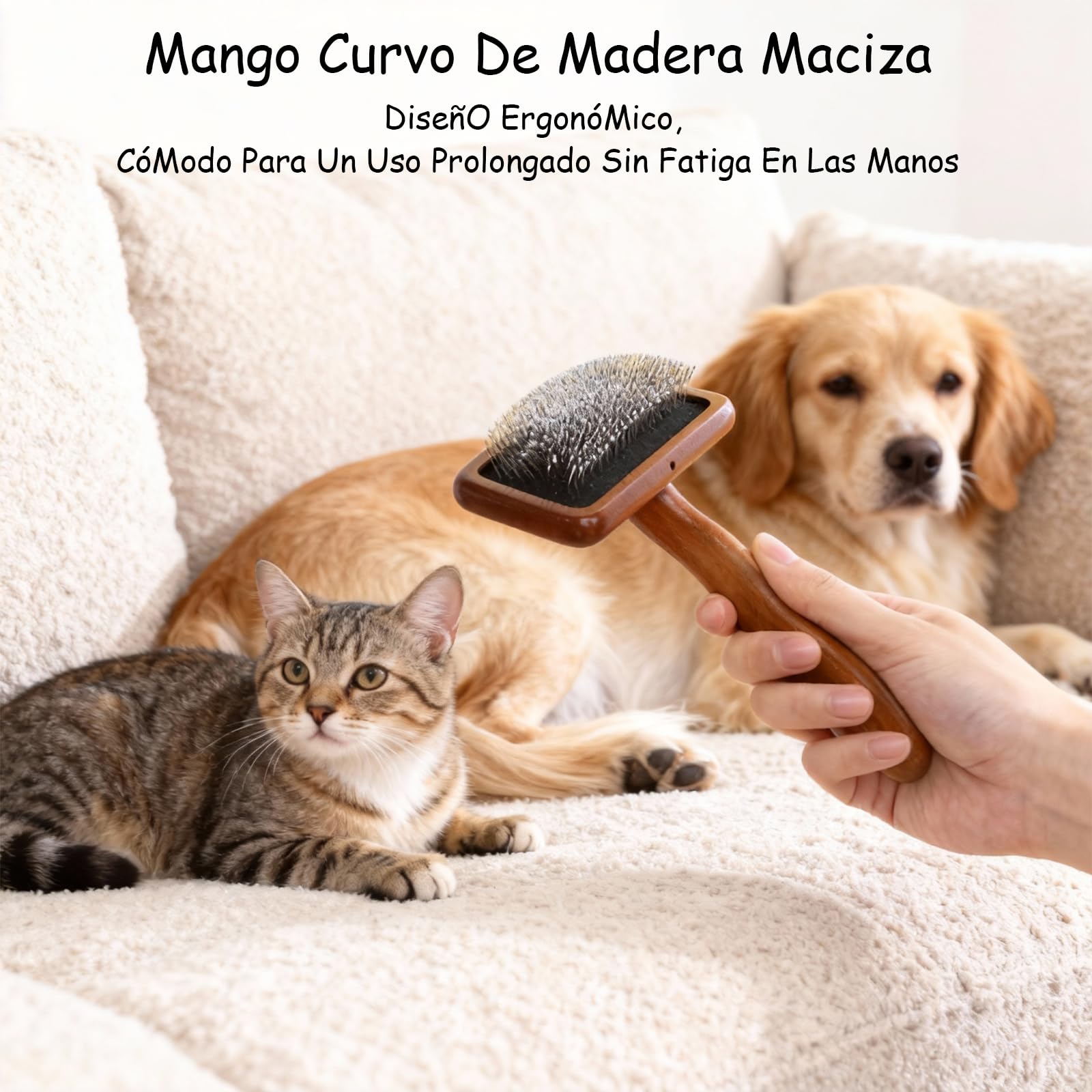 piezas Cepillo para Perros y Gatos, Limpia, Desenreda y da Masaje, Quitar Pelo Muerto, Mango de madera Ergonómico y Púas de Acero Inoxidable, Pelaje de su Mascota (Mediano + peine de dientes finos)