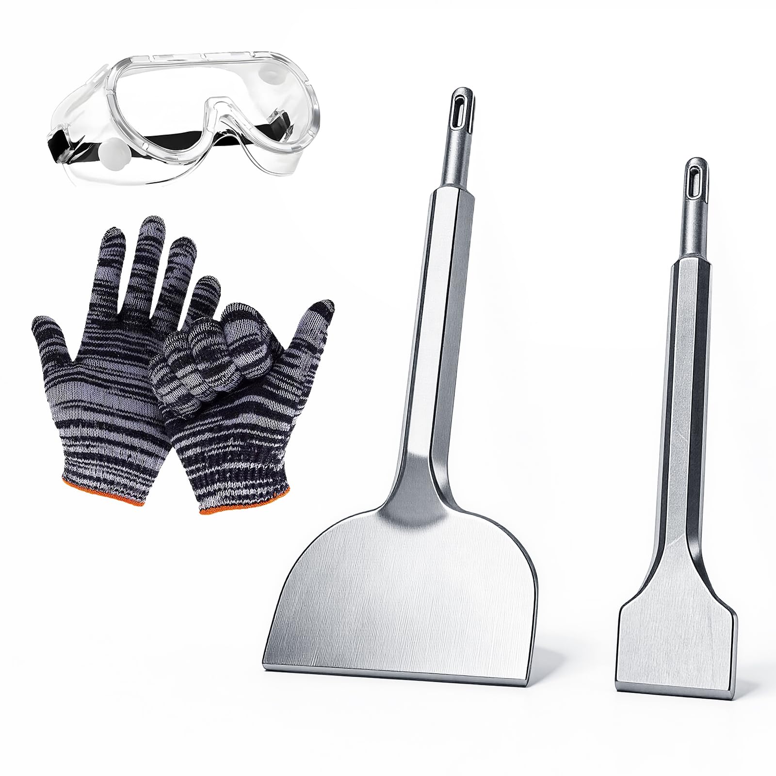 SDS PLUS Juego de cinceles - 4 uds 280 x 100mm (angulado) + 250 x 40mm + Gafas de protección + Guantes de trabajo, para azulejos, piedra natural, hormigón, albañilería, etc.