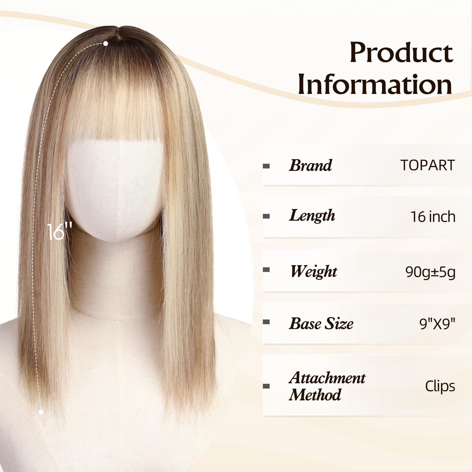 9x9 Human Hair Topper with Bangs 16 Inches 150% Density Non-Slip Clips Amazon.com : Topart 9 main image 4
