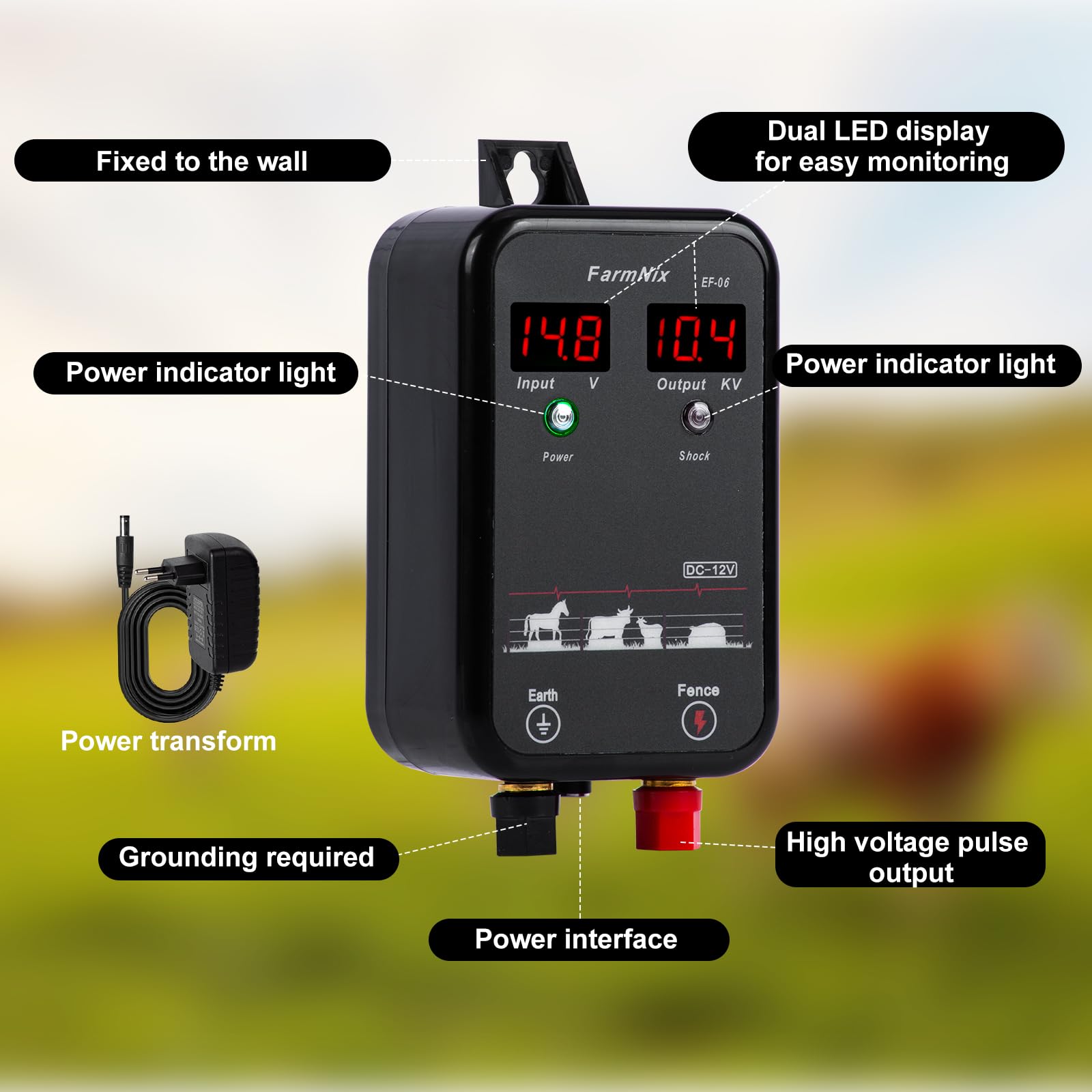 8KM Pastor Electrico ,1.0 Joule 12V, Cerca Eléctrica Controlador LED digital, Para protección animales pequeños, aves de corral y mascotas, para jardines, granjas y pasto (Black)