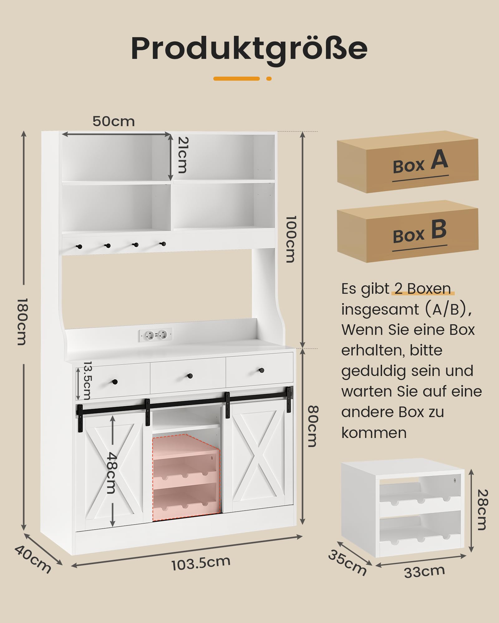 Küchenschrank, Sideboard mit LED-Beleuchtung, Steckdose, Buffetschrank, Abnehmbares Weinregal, 3 Schubladen, Verstellbaren Ablagen, Großer Stauraum, Küche, Wohnzimmer, Esszimmer, 103.5*40*180 cm, Weiß