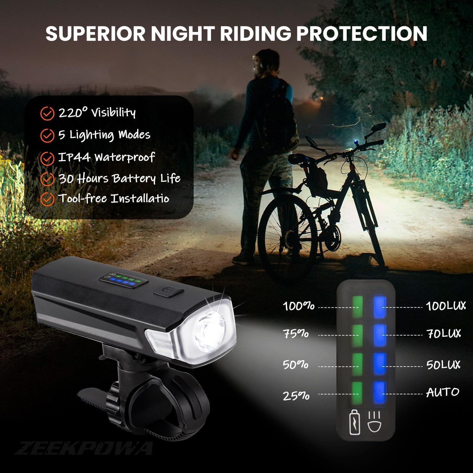 Kit d'éclairage de vélo Batterie USB et durée d'éclairage de 8,5 h I Kit d'éclairage LED étanche et Rechargeable I Lumière de vélo