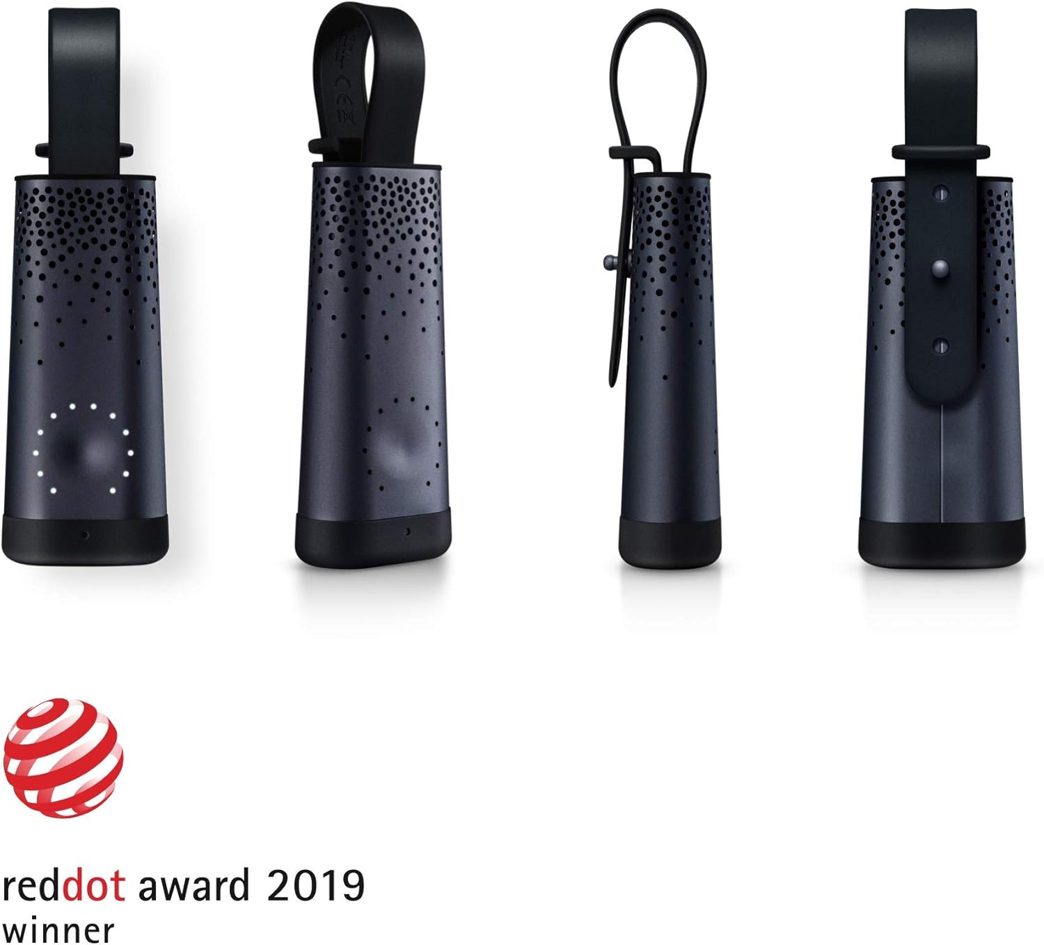 Four different views of the Plume Labs Flow 2 sensor, showcasing its sleek design and the Red Dot Award 2019 winner logo.