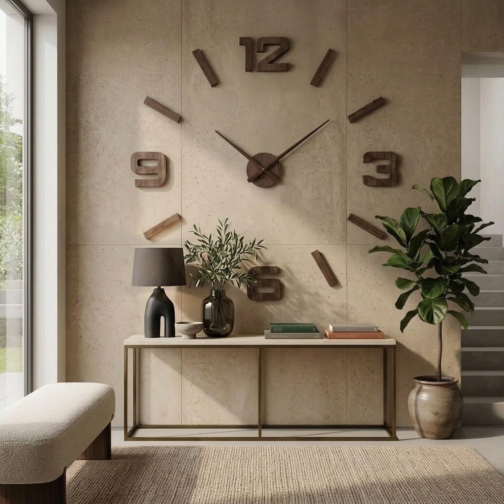 FLEXISTYLE Orologio da parete 3D fai da te, in legno di quercia/nero, grande, 100-130 cm (spessore 20 mm), decorazione da parete, per ufficio, soggiorno, camera da letto, articolo decorativo, orologio