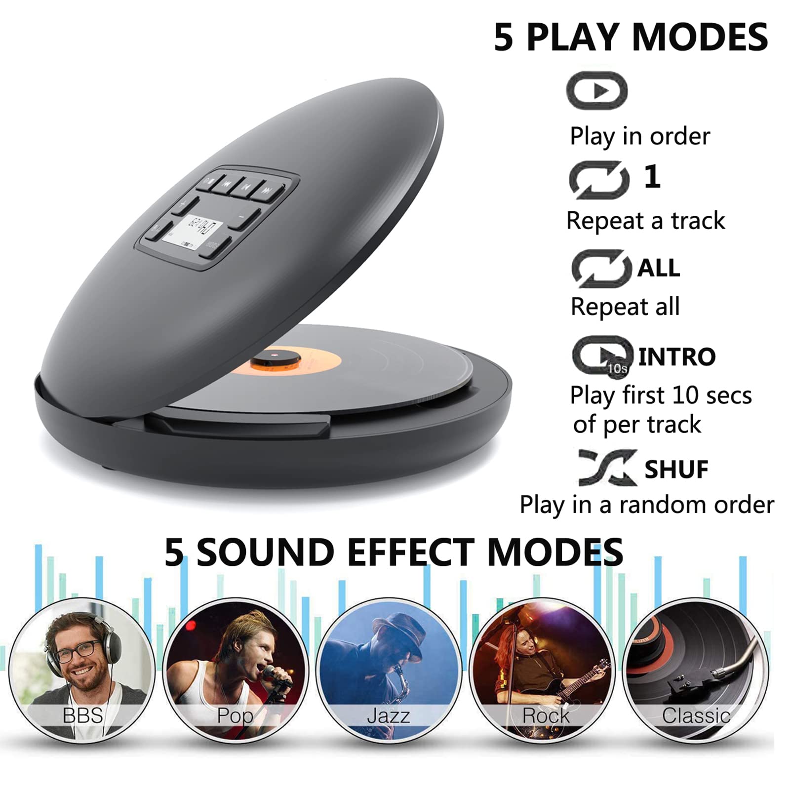 Lecteur CD, Petite Chaîne Stéréo Personnelle Portable, Fonction Antichoc ASP, Conception Ultra-Mince, Procédé De Peinture Haute Brillance, Support CD, CD-R, CD-RW, MP3-CD, WMA-CD
