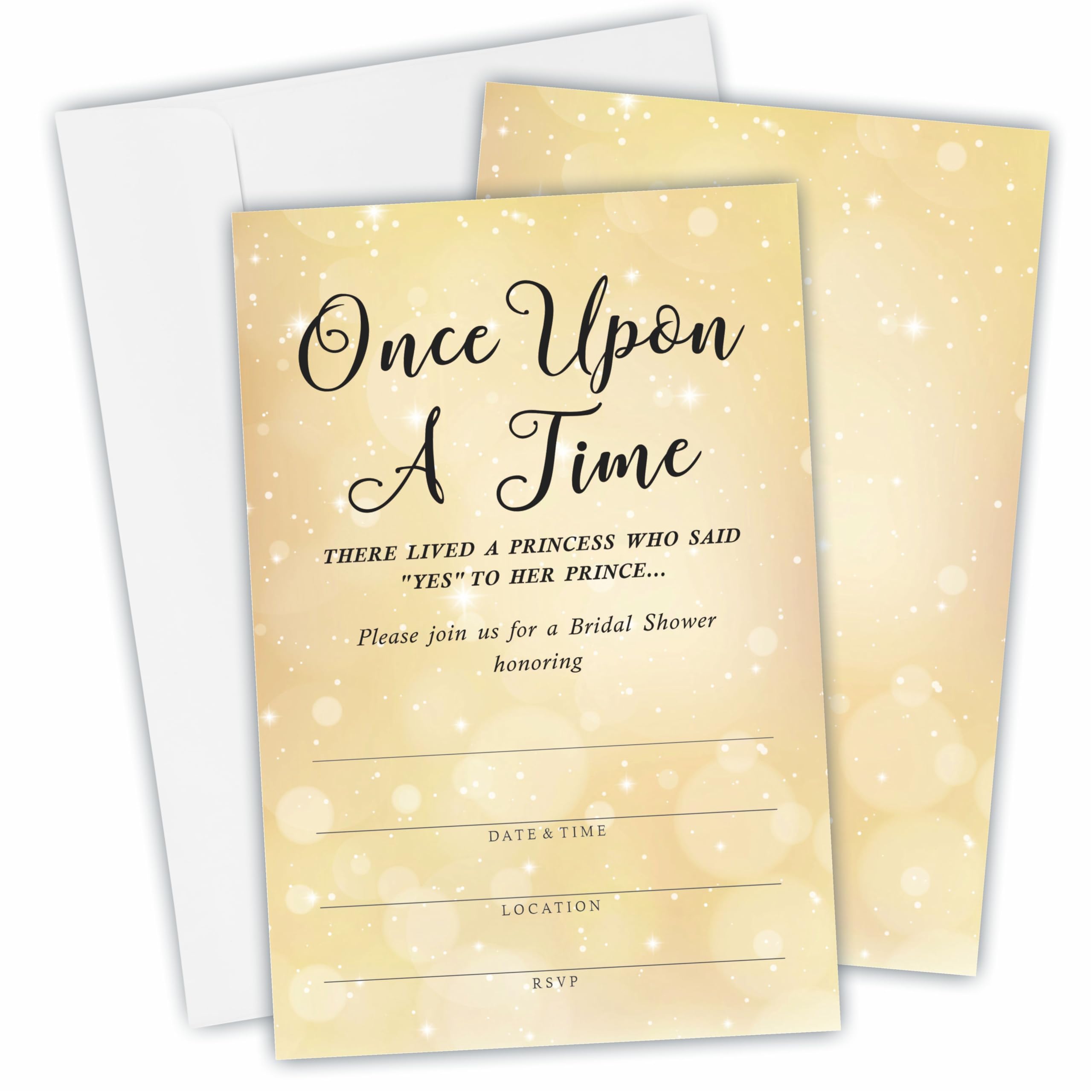 25 Bridal Shower Invitation With Envelopes - Once Upon A Time - Golden Princess & Prince Invitations For New Couples, Mr And Mrs, Newlyweds Fill In