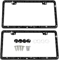 2 Pack Black Bling License Plate Frames for Women - Sparkly Rhinestone Diamond Car Accessories with Glitter Crystal Screw Caps