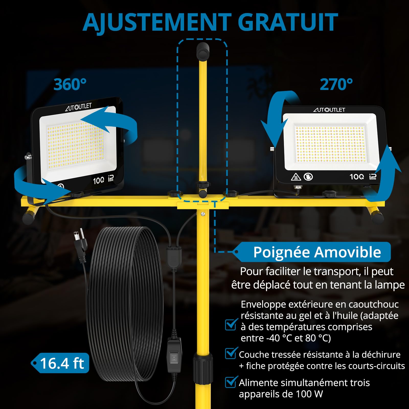 AUTOUTLET 2x 100W Projecteur De Chantier LED Avec Trépied, 19000LM Lampes de Travail à LED Trépied Réglable Avec 3 Modes de Température de Couleur, Câble 5M, IP66 Étanche