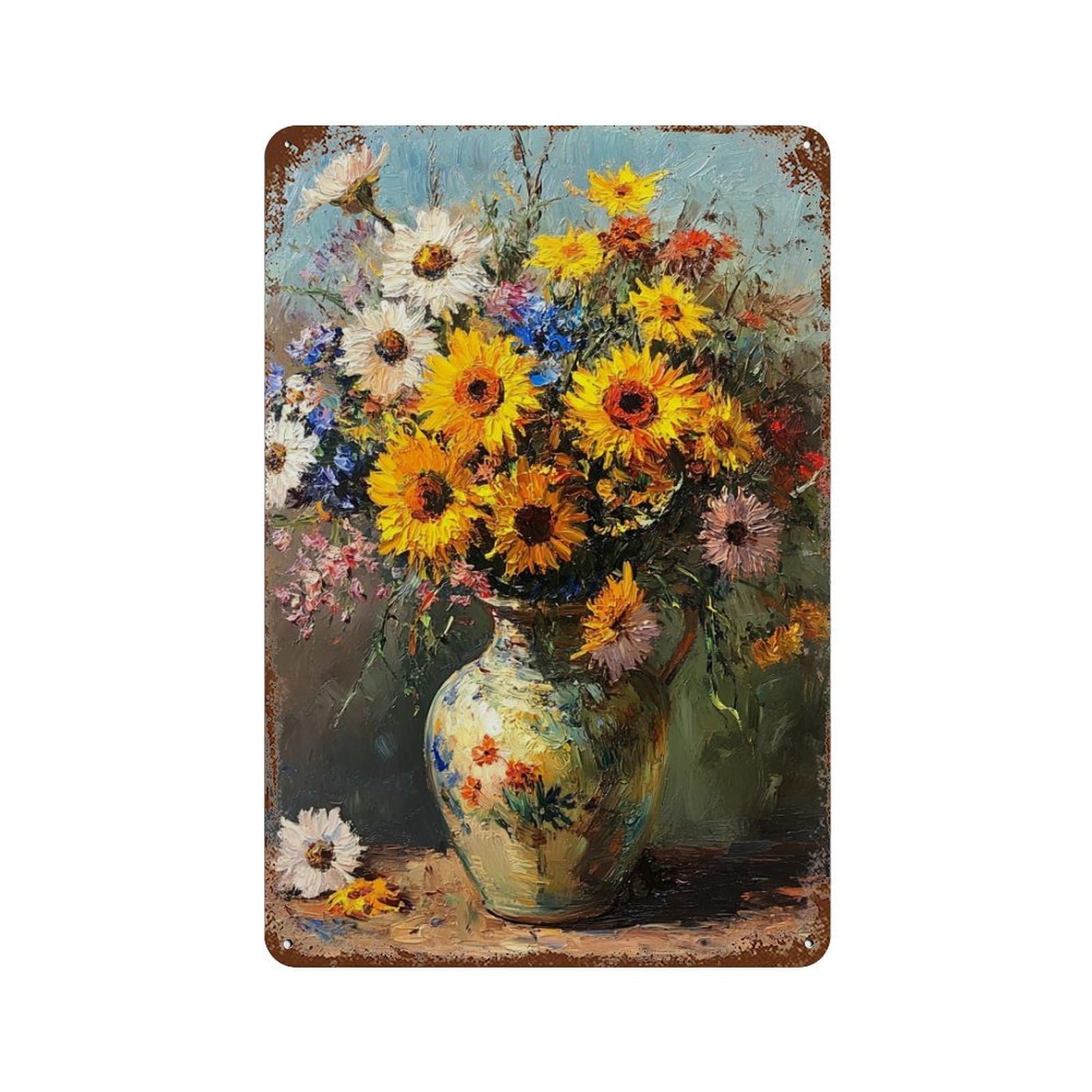 Colorful Sunflower Bouquet Vase Rust Effect Tin Sign 11.8"x7.9", Retro Wall Decor for Pub, Kitchen And Man Cave Decor