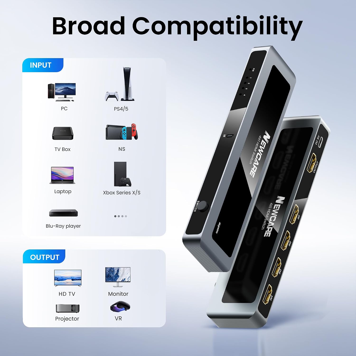 NEWCARE HDMI Switch 4 in 1 Out 4K@60Hz, Aluminum 4-Port HDMI Switcher Splitter with Remote, Supports HDR10 Dolby Vision HDCP 2.2 18Gbps 3D for TV PS5 Xbox Laptop Projector Fire Stick