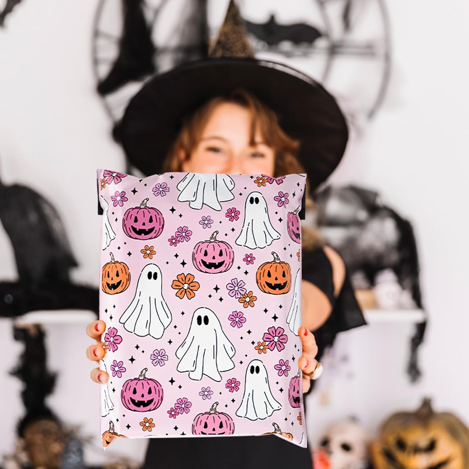 Whaline 100 Pcs Halloween Poly Mailer 10 x 13 Inch Pink Orange Pumpkin Ghost Mailing Bag Self-Sealing Plastic Packaging Envelope Bag for Small Business