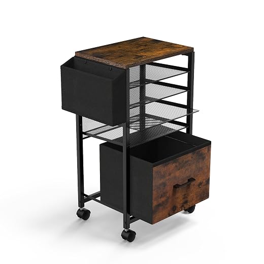 MoKo Rolling File Cart, 5-Tiered File Cart with Hanging File Folders on Wheels, Brown Wood Tabletop & Mesh File Cart with Sliding Drawer and Side Bag Fits A4 Size Office School Classroom Organization