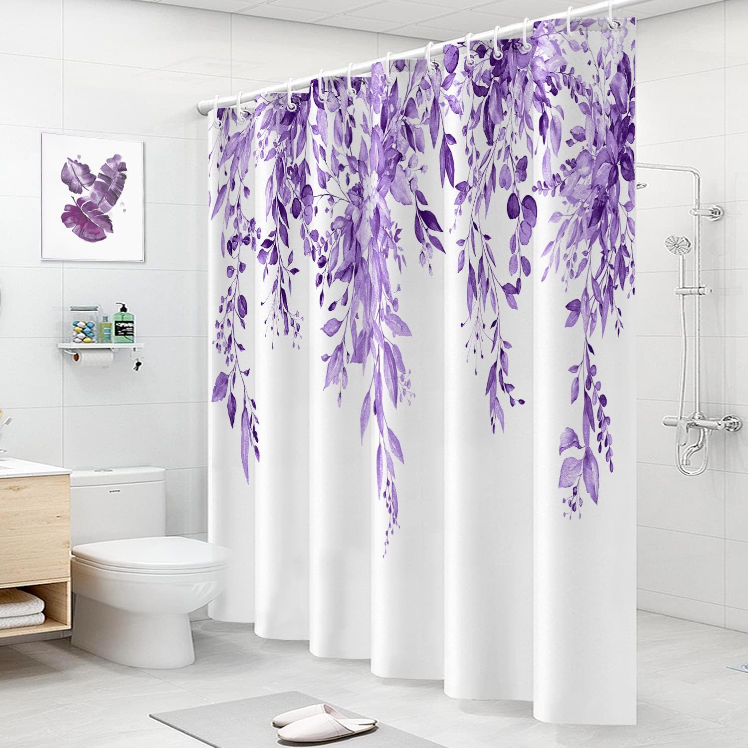 Extra Long Purple Eucalyptus Leaves Shower Curtains 72x84 Inch, Waterproof Fabric Stylish Botanical Bathroom Shower Curtain with Hooks