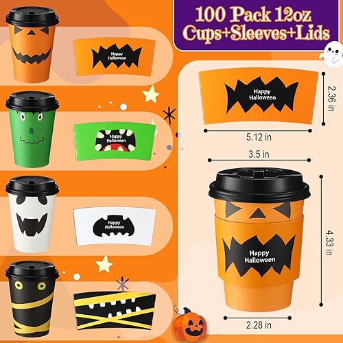 Miniatura 3 de Umigy Paquete de 100 tazas de café desechables de Halloween de 12 onzas, tazas de café de papel con tapas de cúpula y fundas para bebidas frías y