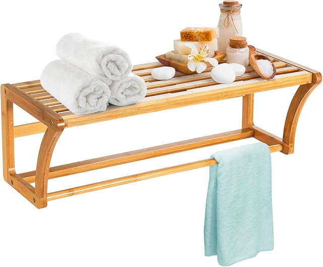 COSTWAY Wall Mounted Bamboo Towel Rack, Floating Storage Shelf with Hanging Bar, Home Bathroom Kitchen Entryway Wall Towel Holder Rail Organiser Unit (Natural)
