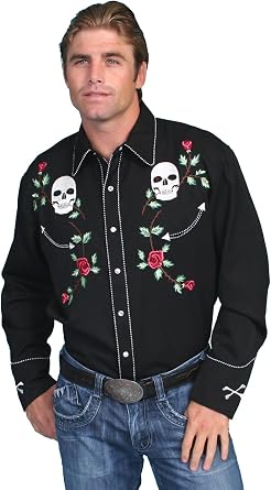 Scully Black Skull/Roses Emboidery Mens Long Sleeve Snap Shirt P-771