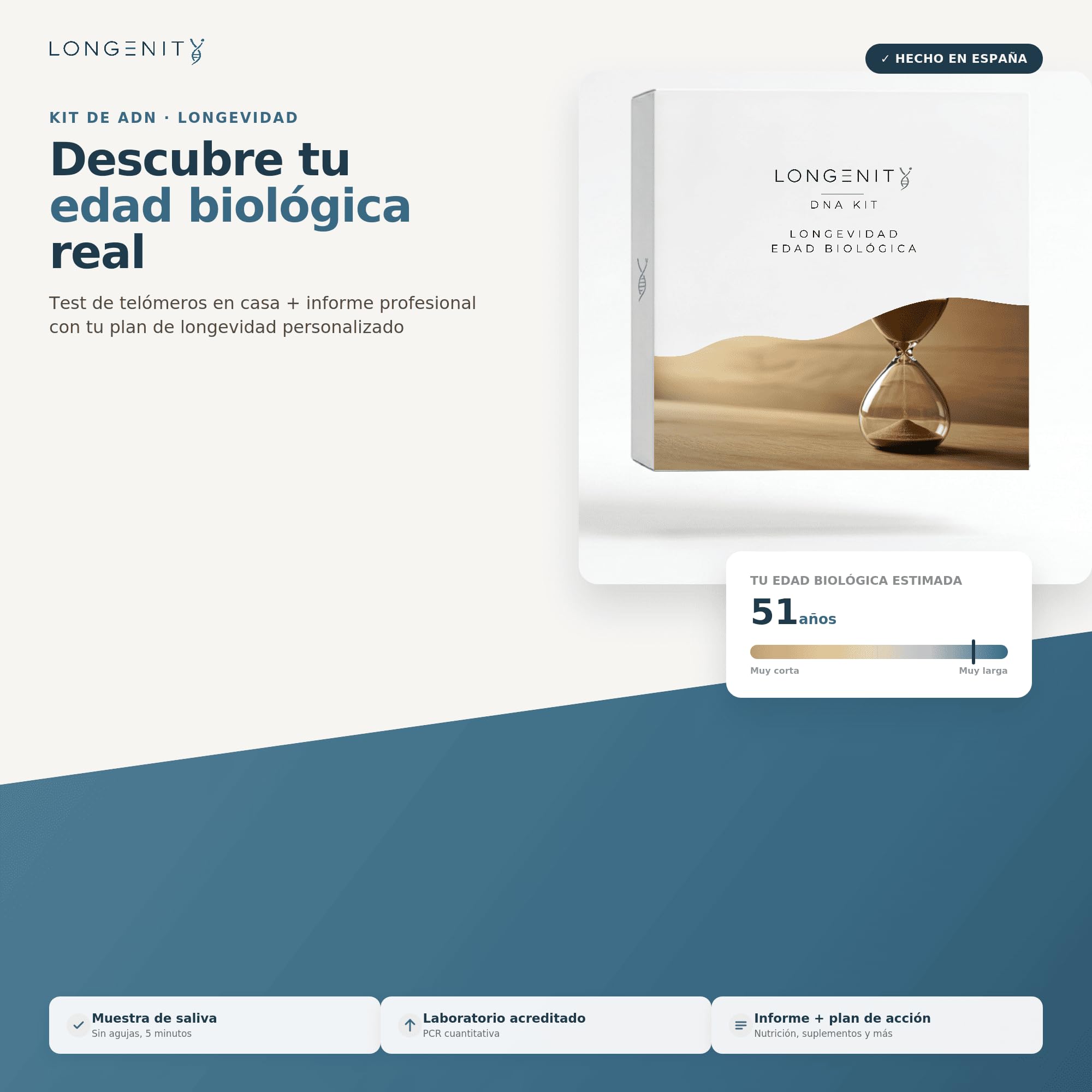Test ADN Longevidad - Edad Biológica y Longitud de Telómeros en Casa | Análisis de Saliva + Informe Médico con Plan de Nutrición, Suplementos y Estilo de Vida