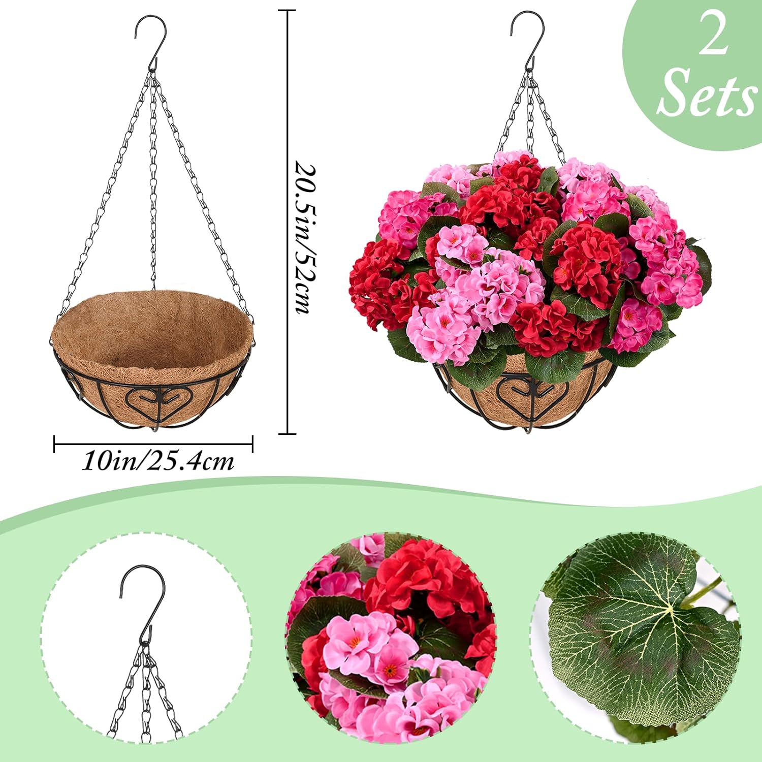 Waipfaru 2 Set Artificial Geraniums for Outdoors with Hanging Baskets, 12 Bundles UV Resistant Artificial Outdoor Plants, Fake Flowers for Spring Front Porch Home Patio Balcony Yard Decor, Mixing