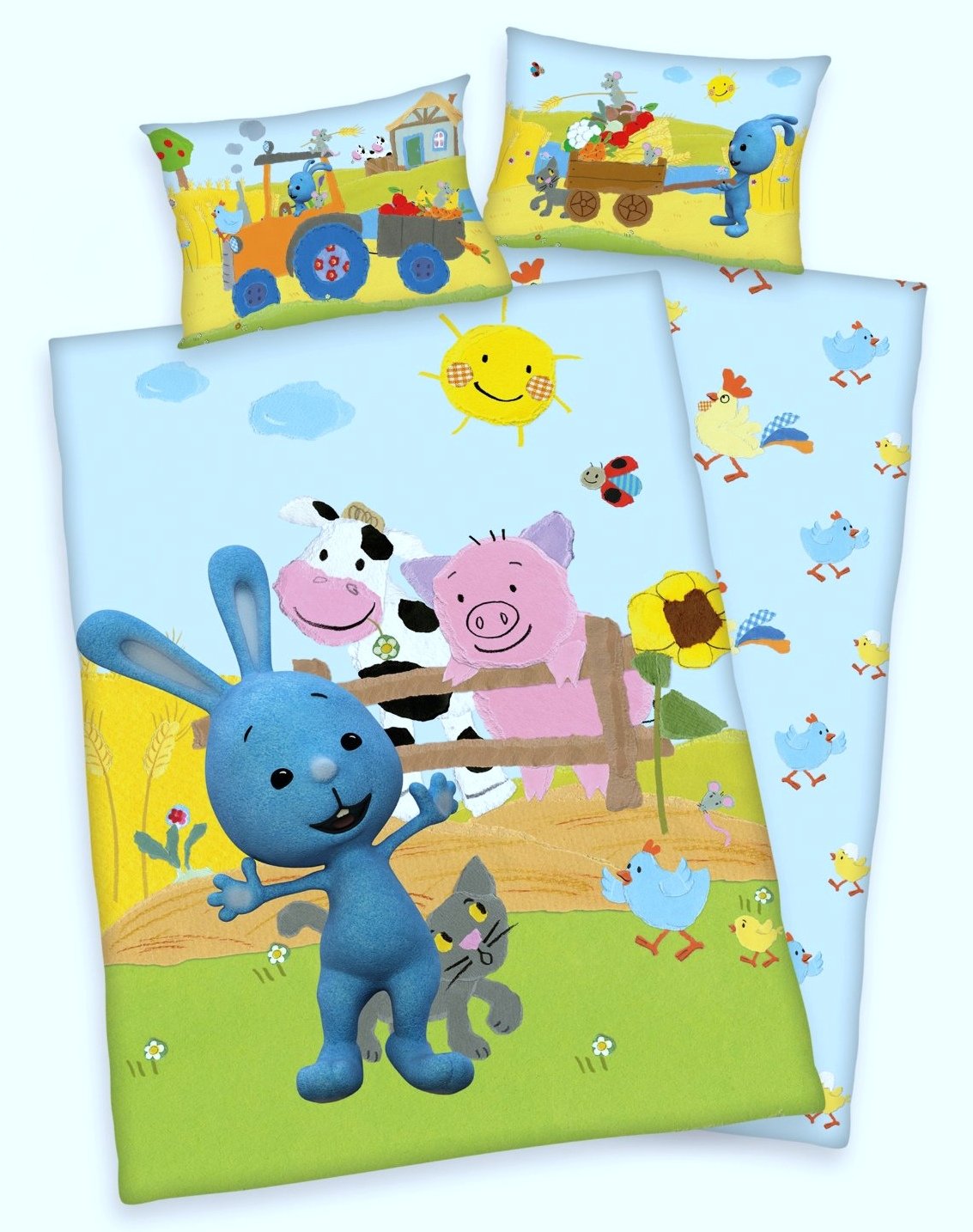 Arle-Living 2 TLG. Baby Bettwäsche Set mit Wende Motiv: Kikaninchen Bauernhof - Renforcé 100x135 cm + 40x60 cm (ohne Laken)