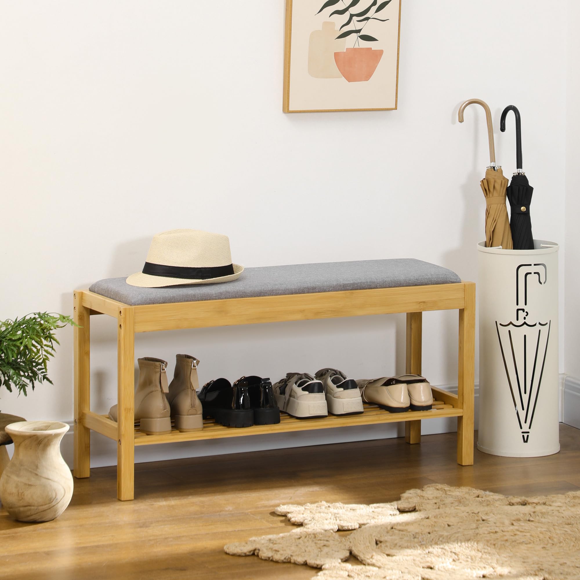 HOMCOM Banco Zapatero de Bambú con Asiento Tapizado 90x30x46 cm Natural