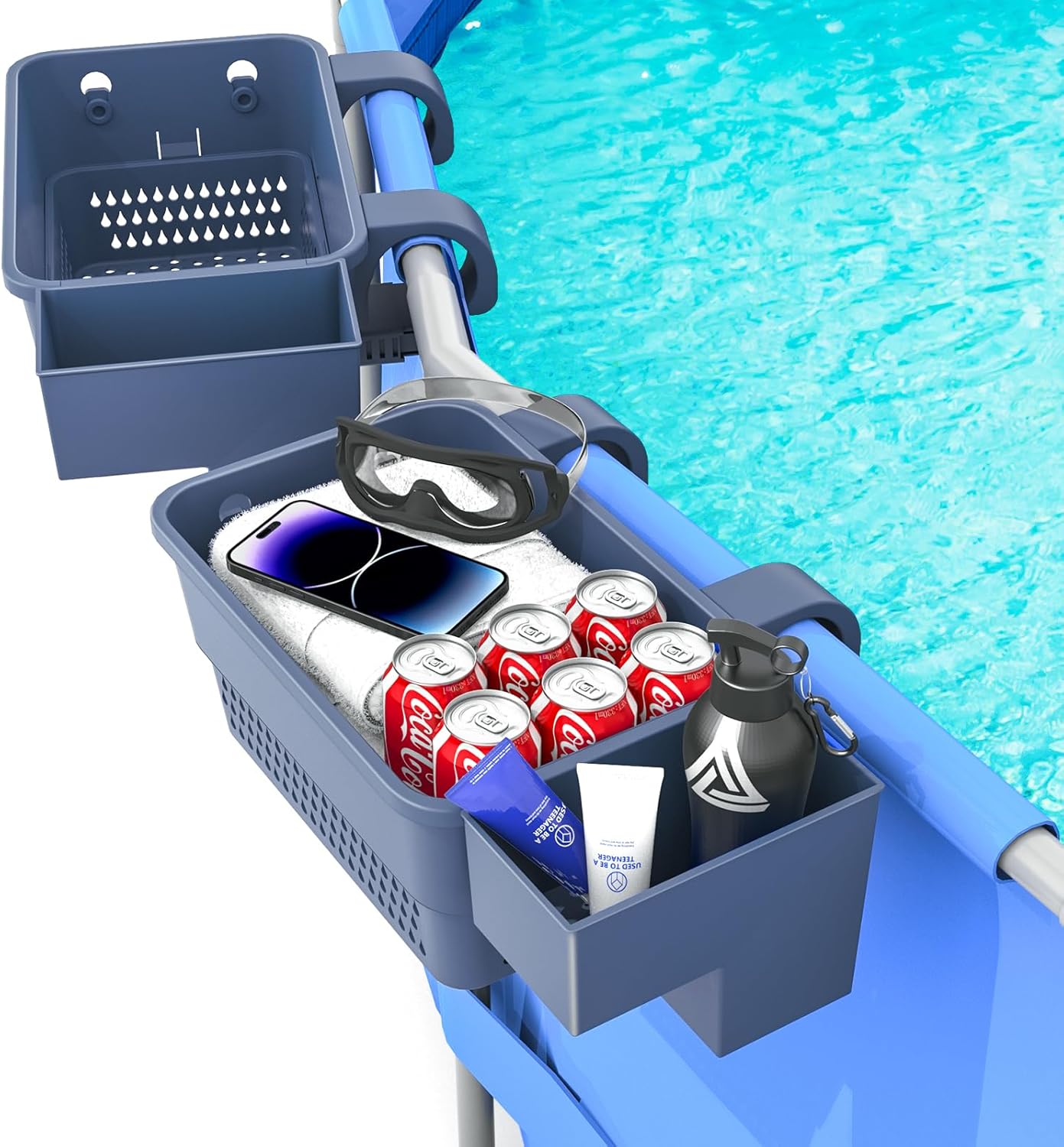 Poolside Storage Basket, Awiivee Pool Toy Storage Basket with Pool Drink Cup Holder, Above Ground Pool Accessories, Swimming Pool Toy Basket, Multipurpose Basket for Most Frame Pools-2 Pack (Grey)