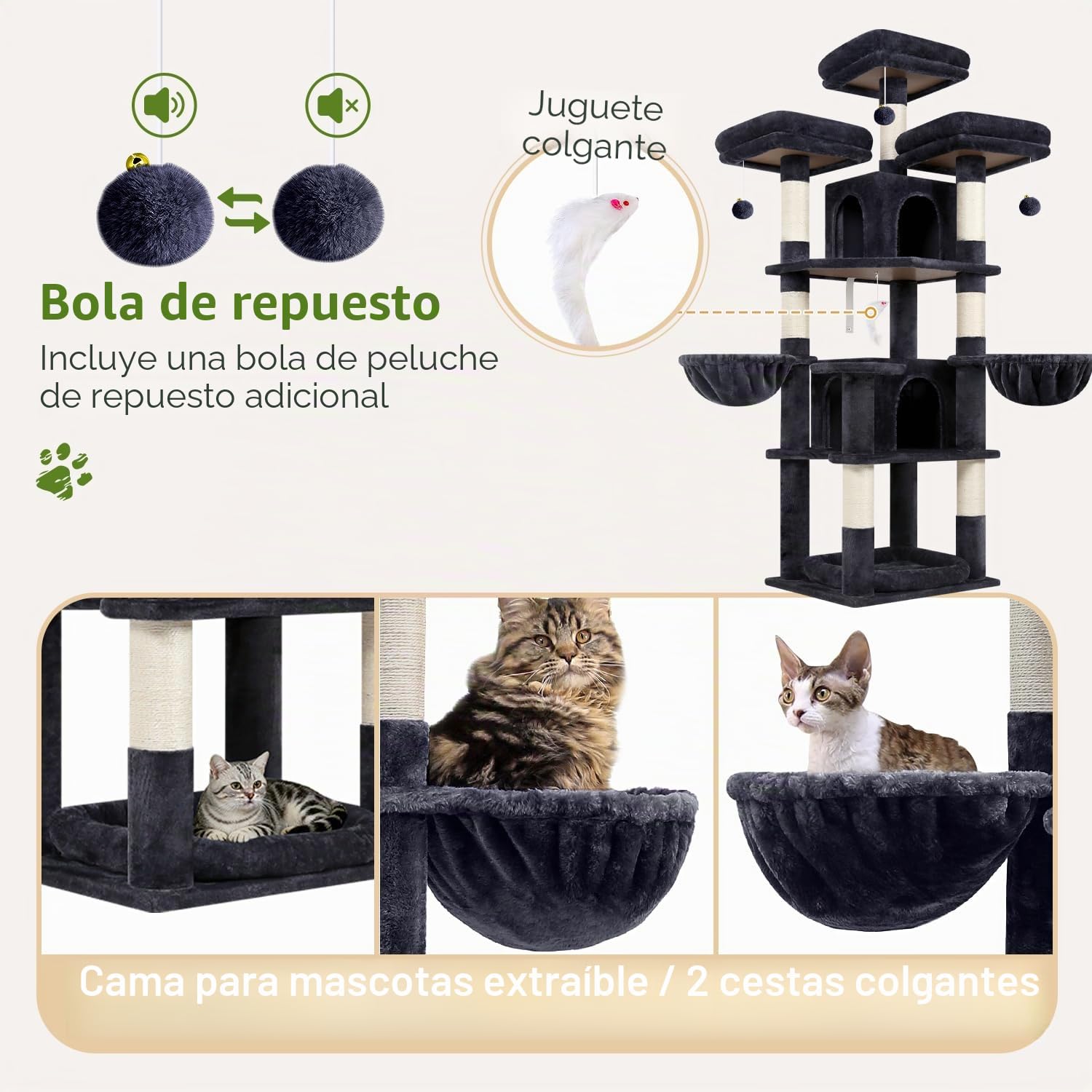 Globlazer Árbol para Gatos 174 cm con 3 Perchas Acolchadas, 2 Nidos, 2 Cesta, Cama Mascotas Extraíble, Postes de Sisal, Estable Castillo Rascador para 2-4 Gatos Adultos Interior (F68B, Gris Oscuro)