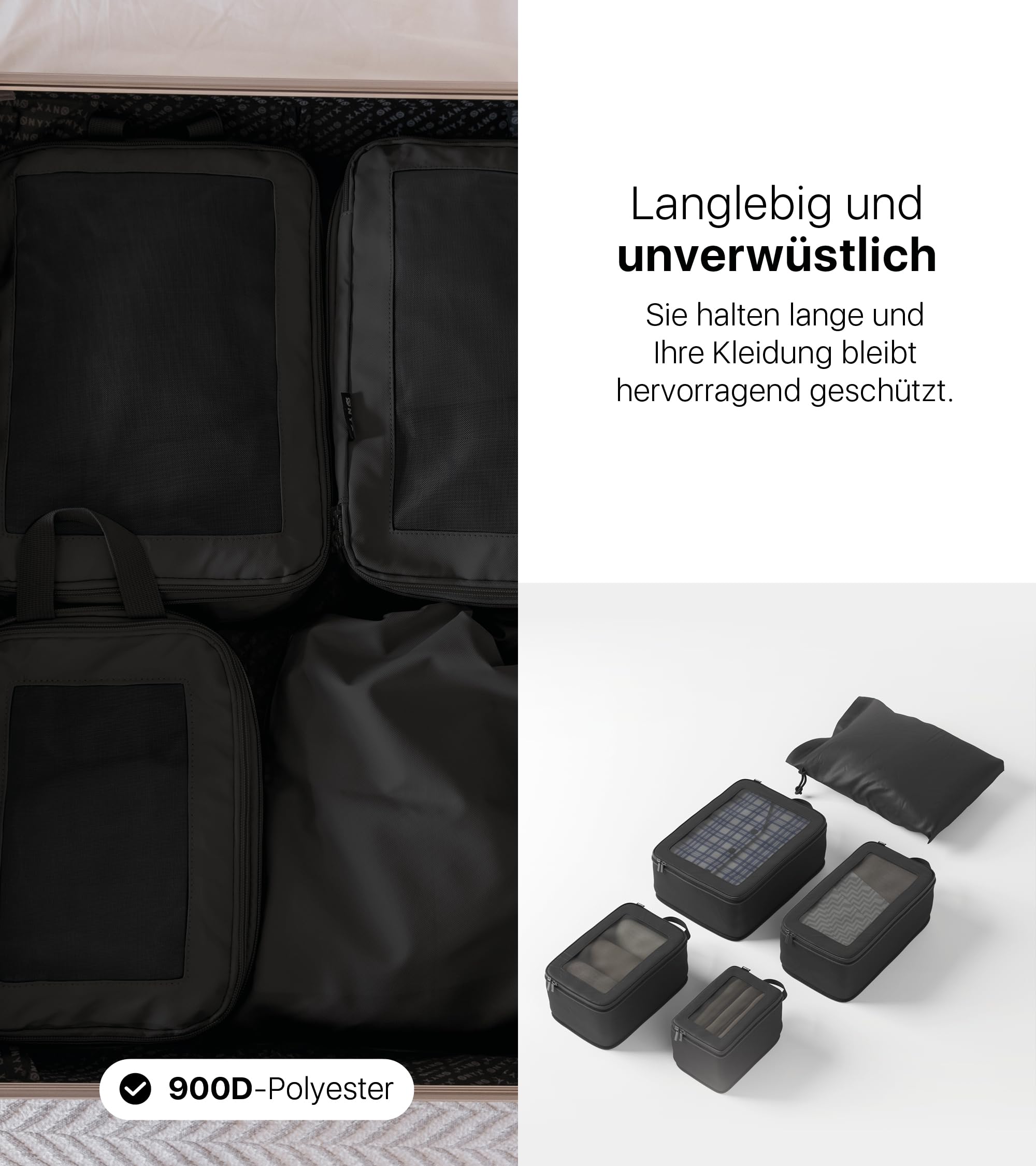ONYX 5-teiliges Packing Cubes Compression Set inkl. Schuhbeutel bzw. Wäschesack – Packwürfel Kompression für bis zu 50% Platzersparnis, Koffer Organizer Set aus 900D Polyester, Schwarz