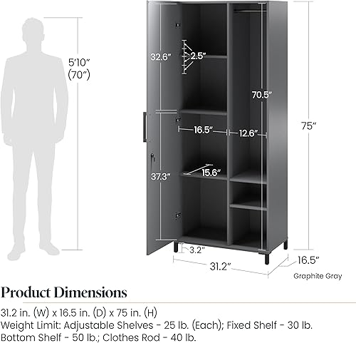 Miniatura 3 de SystemBuild Evolution Shelby - Armario alto de garaje con 1 puerta y barra para colgar, grafito