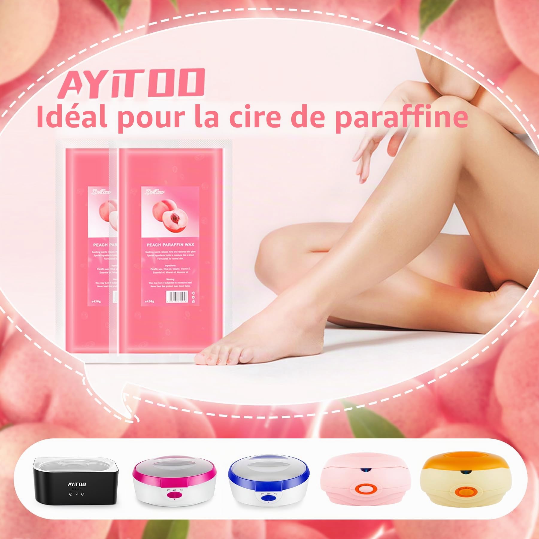 Cire de Paraffine Pêche 2700g pour Mains et Pieds Traitements Esthétiques Kit Familial