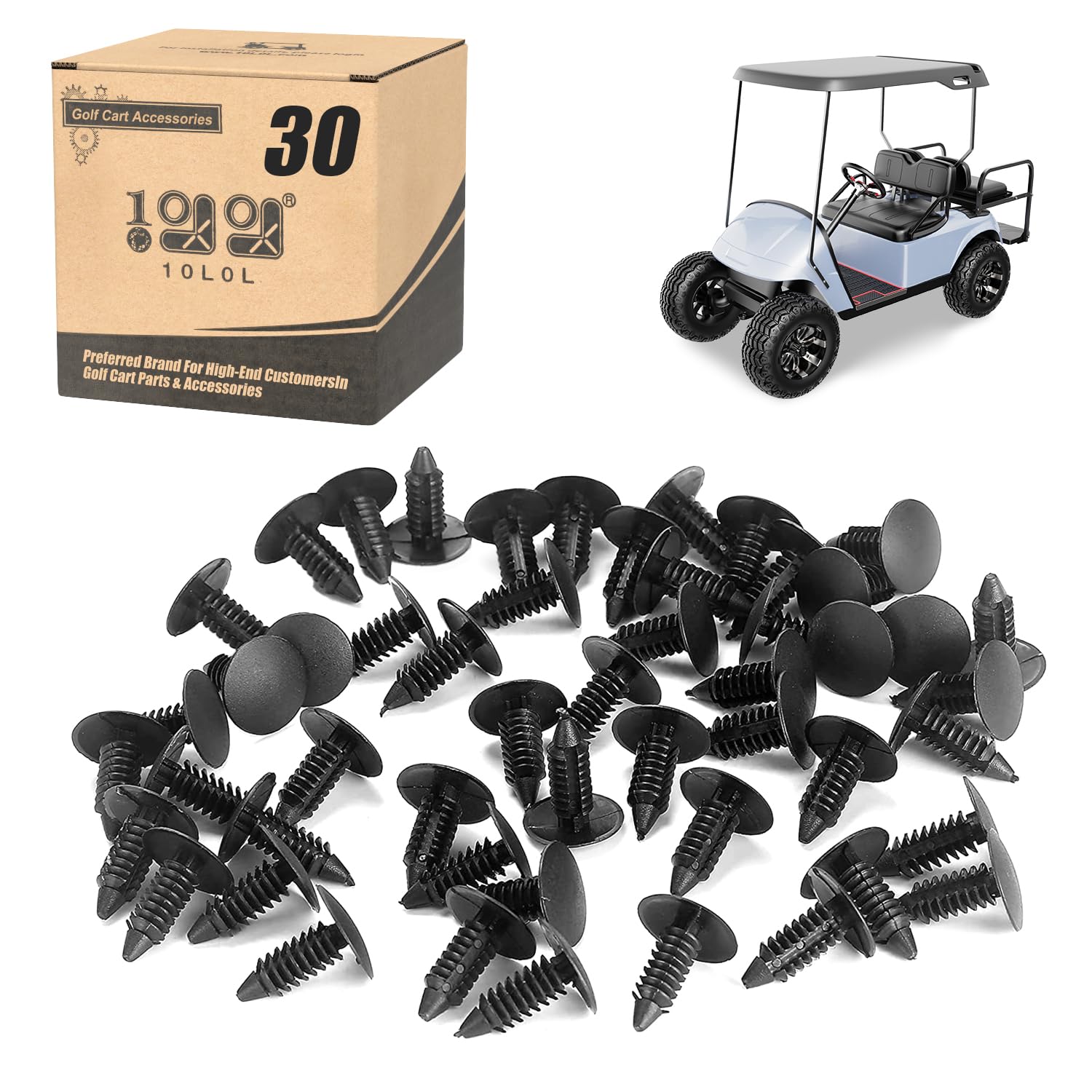10L0L Universal Plastic Rivets for Yamaha EZGO Club Car Golf Cart, Auto Body Fastener Push Pin Screw Panel Fixings Clips Black, 30 Pieces