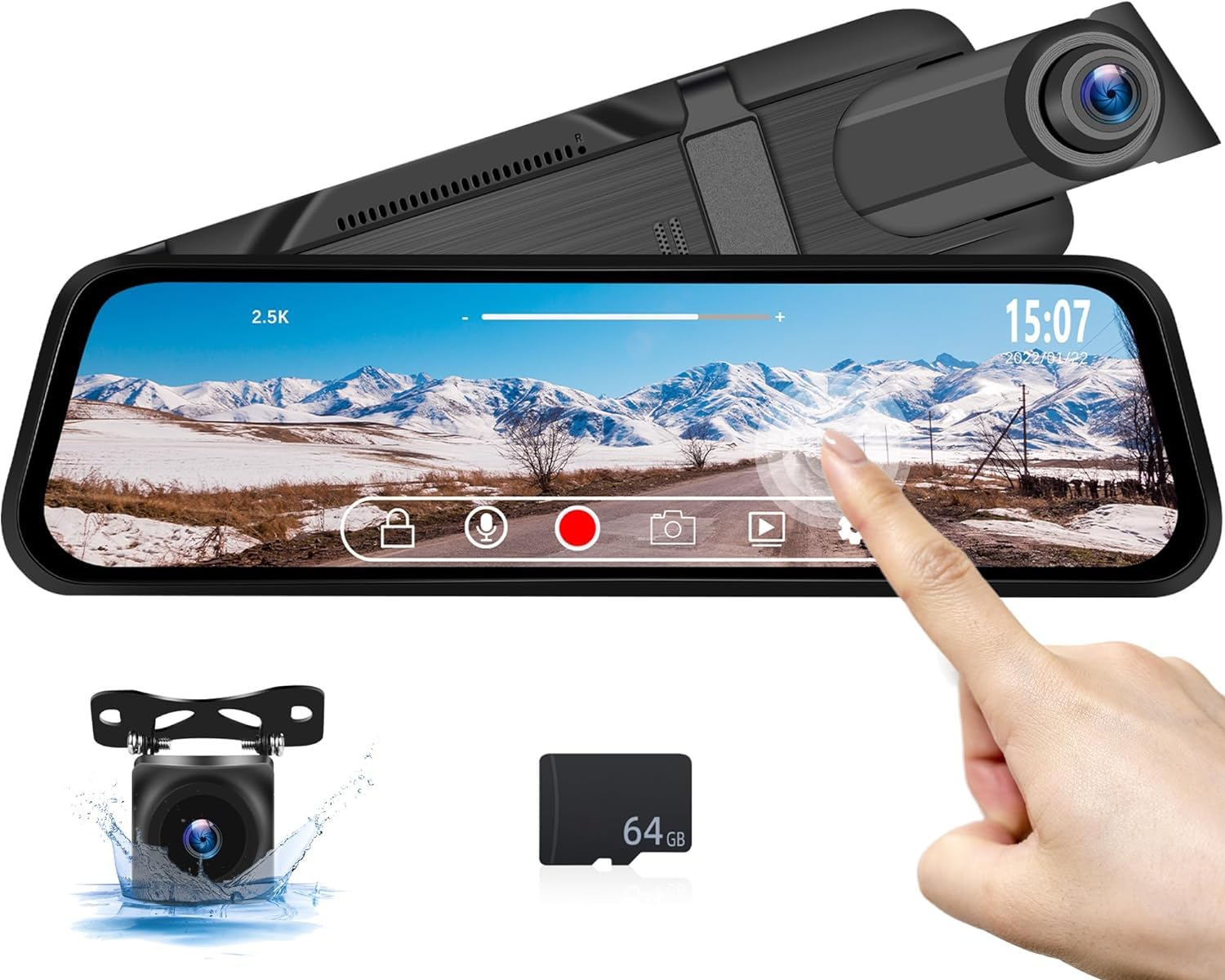 CAMECHO Cámara de visión Trasera Delantera con Espejo de 9,66 Pulgadas y 2,5 K con Tarjeta de 64 GB, cámara de Respaldo con Espejo retrovisor con Pantalla táctil Full HD de 1080P con visión Nocturna
