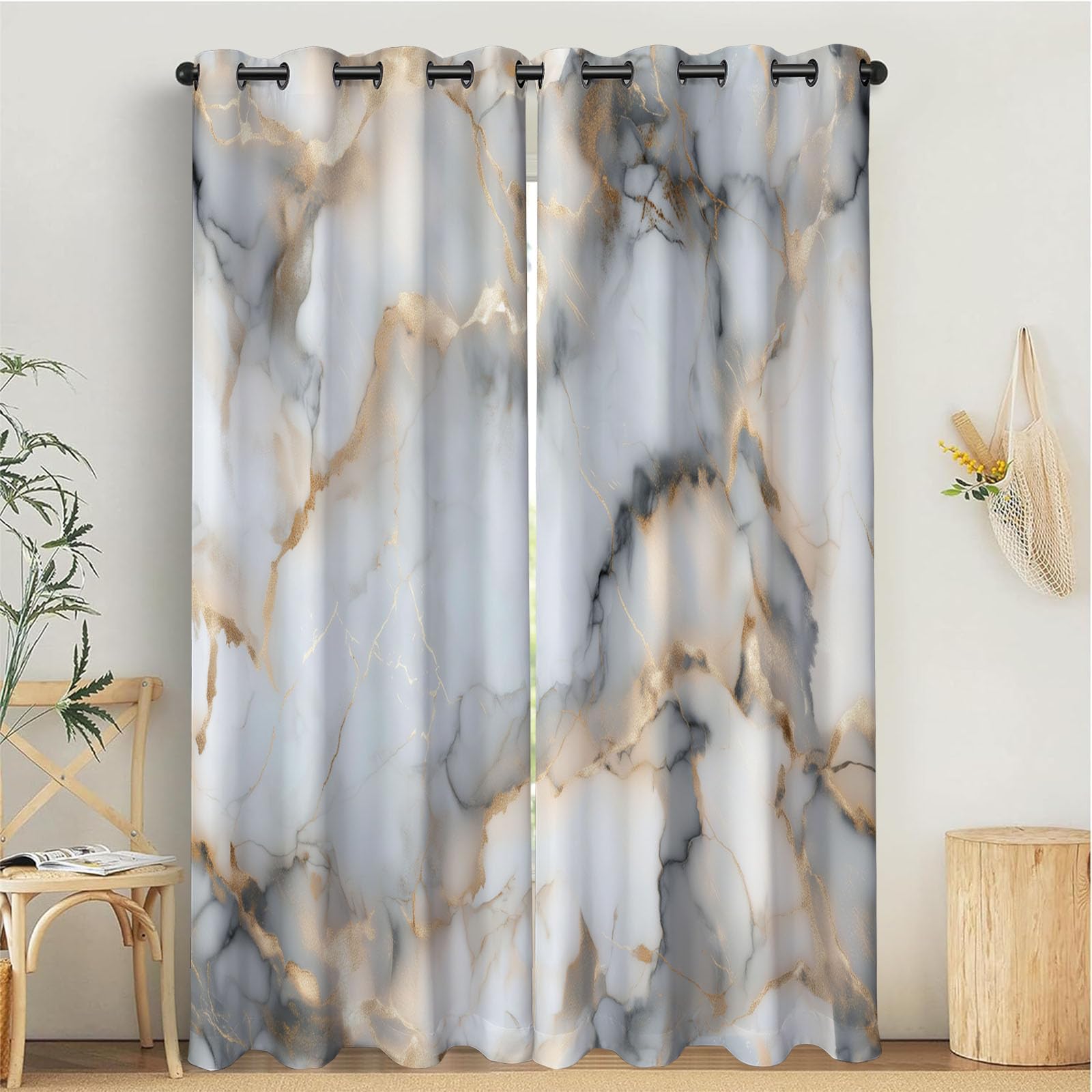 Rideaux occultants 140x200 cm gris clair effet marbre pour salon et chambre