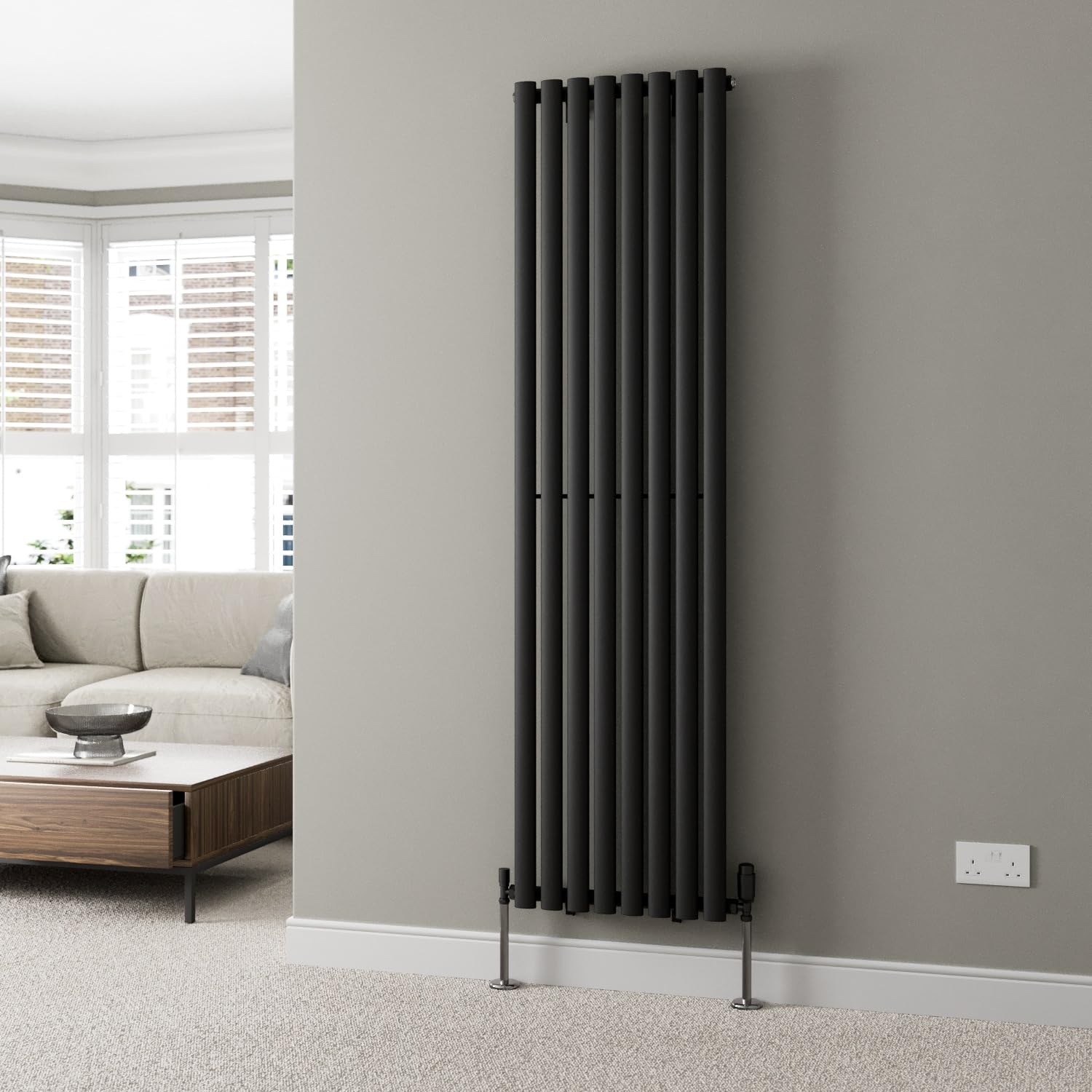 DuraTherm® 1800 x 480mm Black Vertical Designer Radiator Single Column Oval Tube Modern Central Heating Panel Bathroom Radiators
