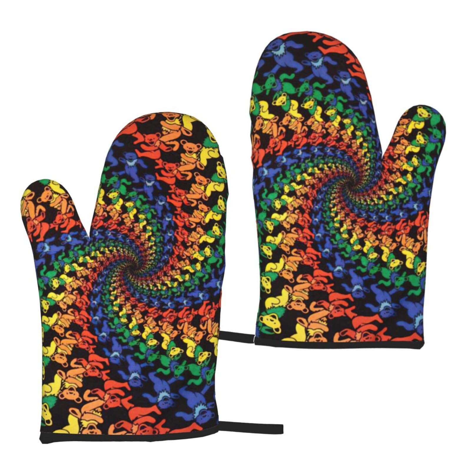 Nimongt Women's Black Bear Dancing Tie Dye Print Adults Universal Fit Heat Resistant Oven Gloves Reusable Cooking Outdoor Grilling