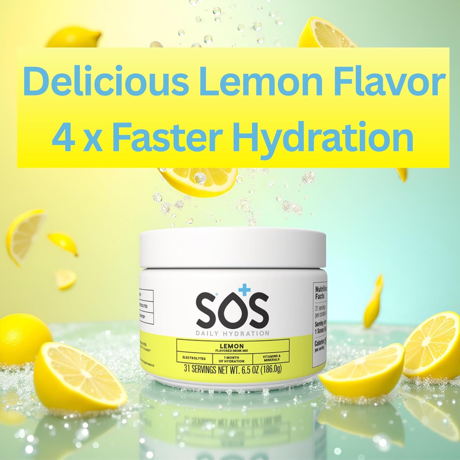 SOS Hydration Electrolyte Powder Drink Mix – Lemon 31 Servings | Low Sugar Electrolytes, 15 Cal | Keto Hydration Powder for Rapid Rehydration