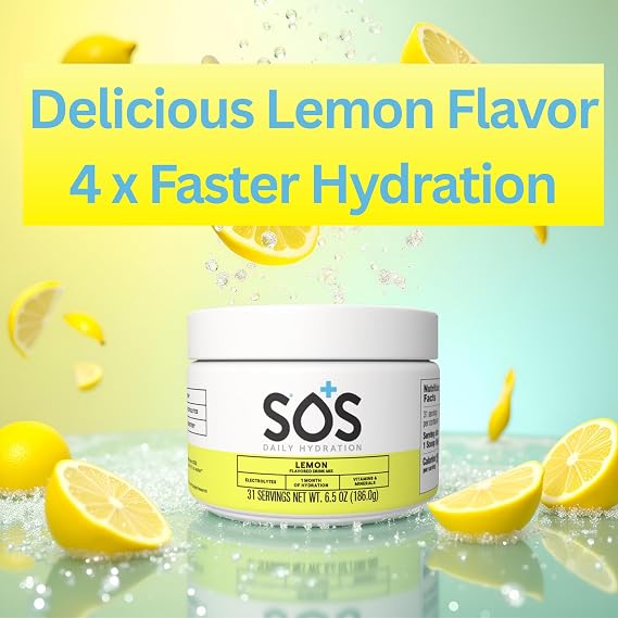 SOS Hydrating Electrolyte Powder (Lemon Flavour - Bulk 31 Servings) Best Fast Acting, Low Calorie Rehydration Sports Drink