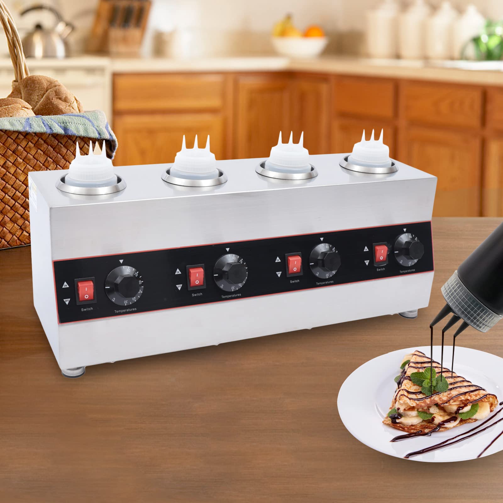 Calentador Eléctrico de Salsas Comercial 4 Botellas 650ml Acero Inoxidable Control Temperatura 30-85°C Independiente para Restaurante Cafetería Snack Bar