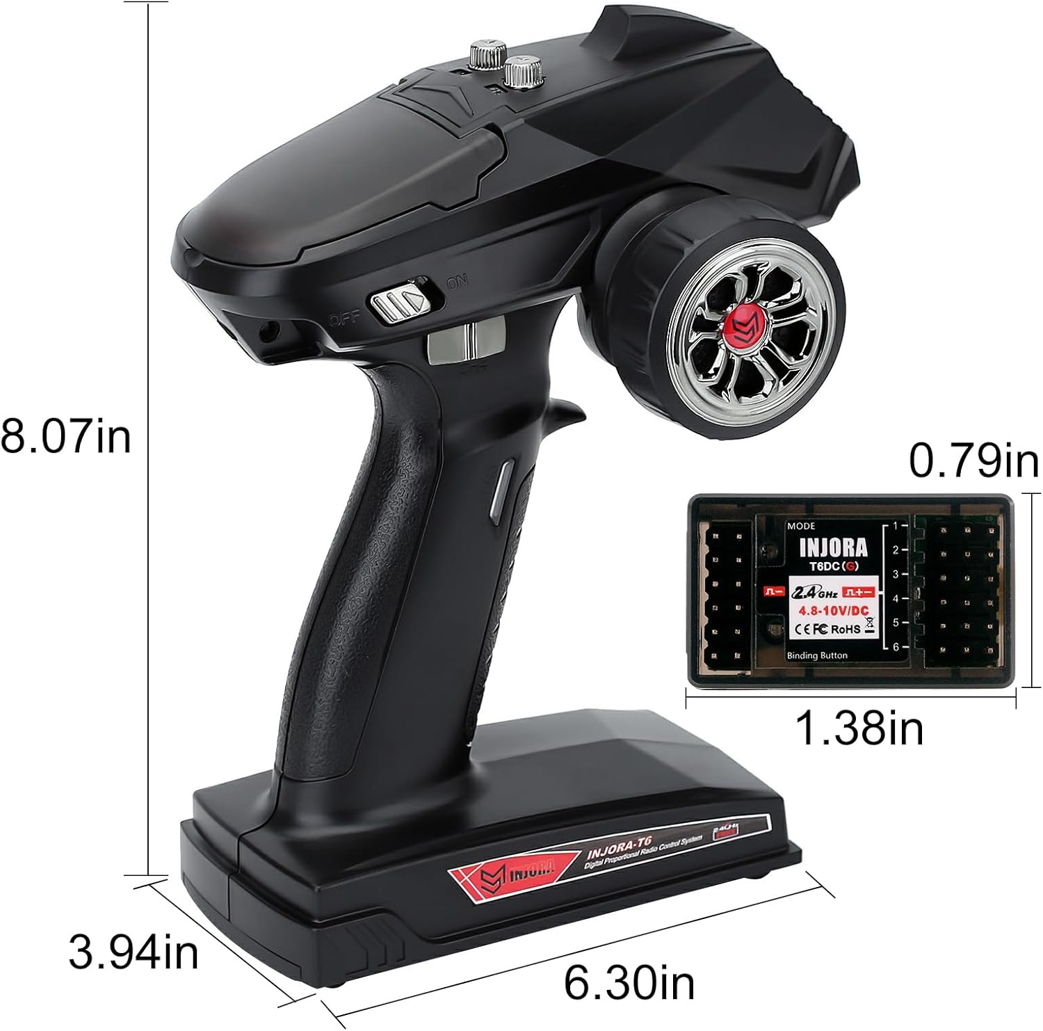 INJORA RC Transmitter 2.4GHz 6CH Controler and Receiver with Gyro Remote Inside Receiver for 1/8 1/10 RC Car Boat Tanks Crawler TRX4 SCX10 Upgrade Parts(T6DCG) - Image 5