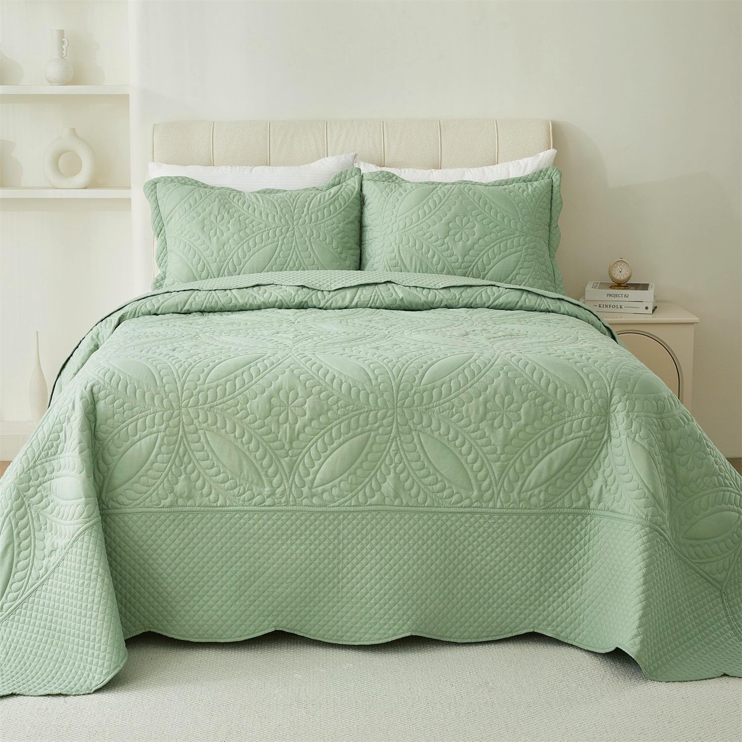 cmfshape oversize king bedspread 120"x120",3 piece california king quilt set,lightweight green bed quilt set for all season,modern geometric pattern quilt bedding set