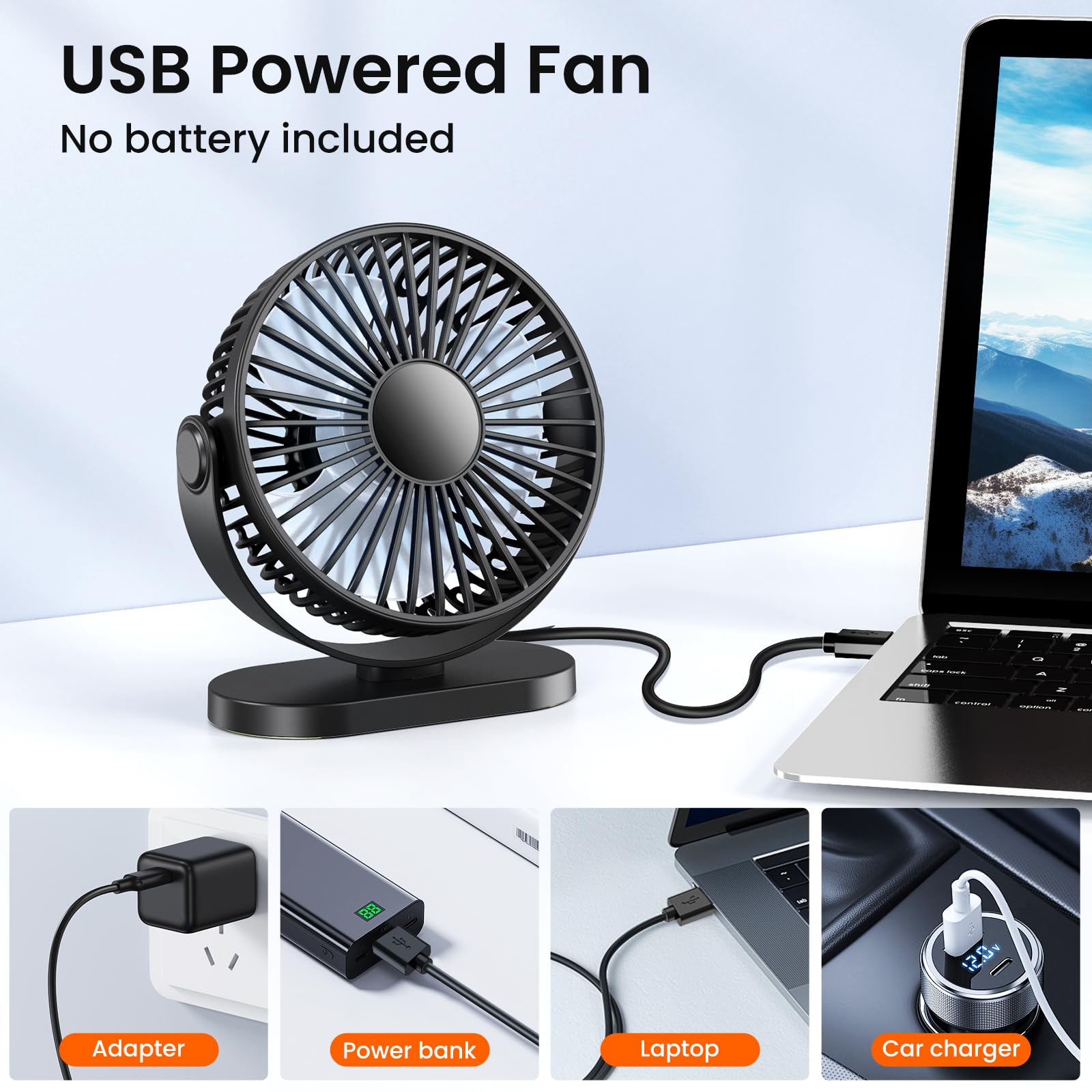 Wentylatory Biurkowe USB Białe, Mały Wentylator Biurkowy, Mocny i 3-Biegowy Obrót o 360°, Cichy Wentylator Biurkowy z Haczykiem i Antypoślizgową Gumą, Mini Wentylator Osobisty, Przenośny Wentylator