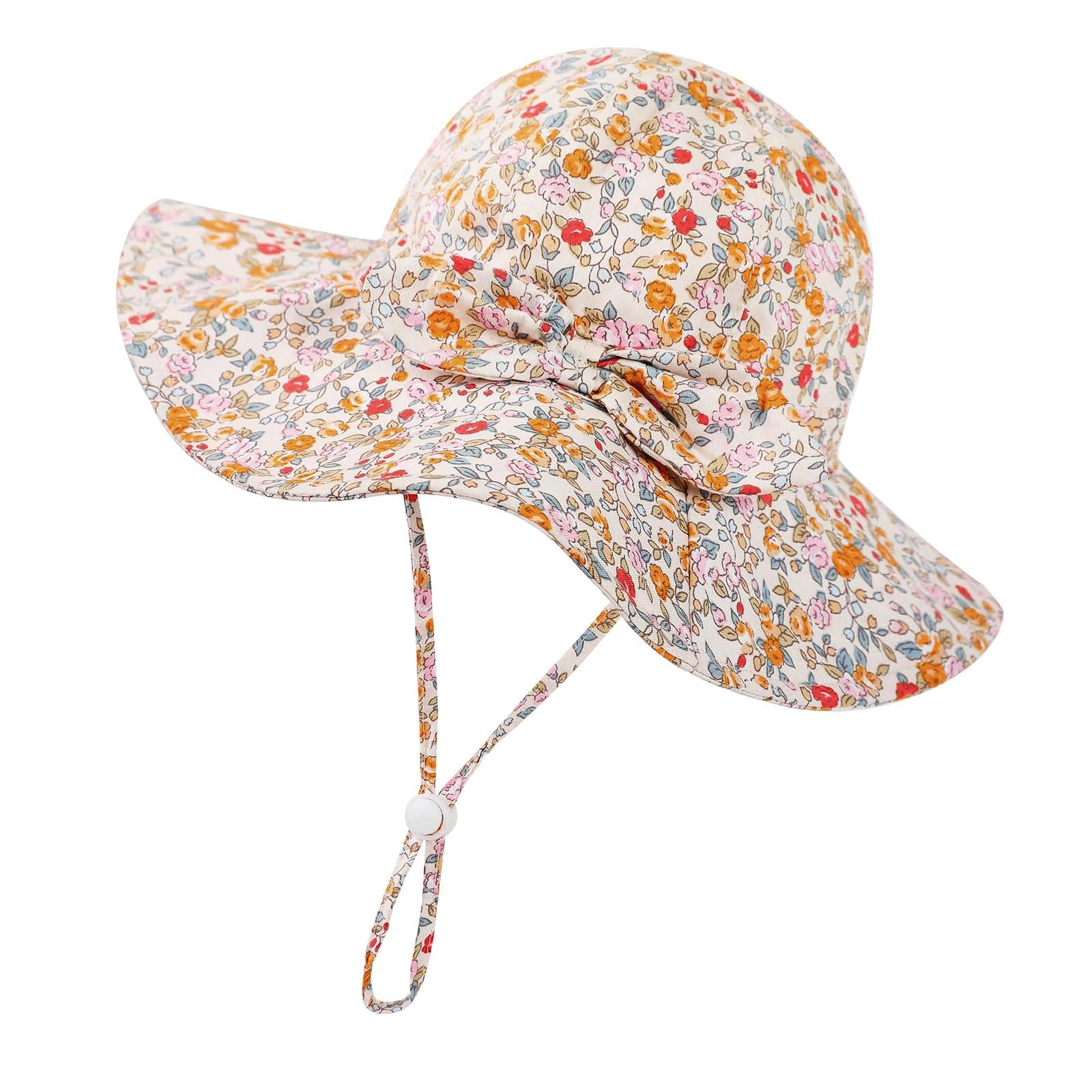 AzoneeKids Sun Hat Toddler Summer, Bucket Hat Adjustable Drawstring Wide Brim Beach Hat with Chin Strap UPF 50+ UV Floral Flap Cap for Protection Baby Child Boys Girls 3-5 Years