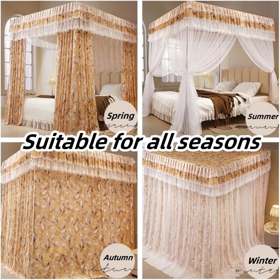 4 Corners Post Ruffle Luxurious Lace Bed Canopy Curtain, Elegant Double Layer Cozy Drape Netting, Bed Curtains for Twin, Full, Queen Size Bed Drapes(D,70.9 * 86.6in)